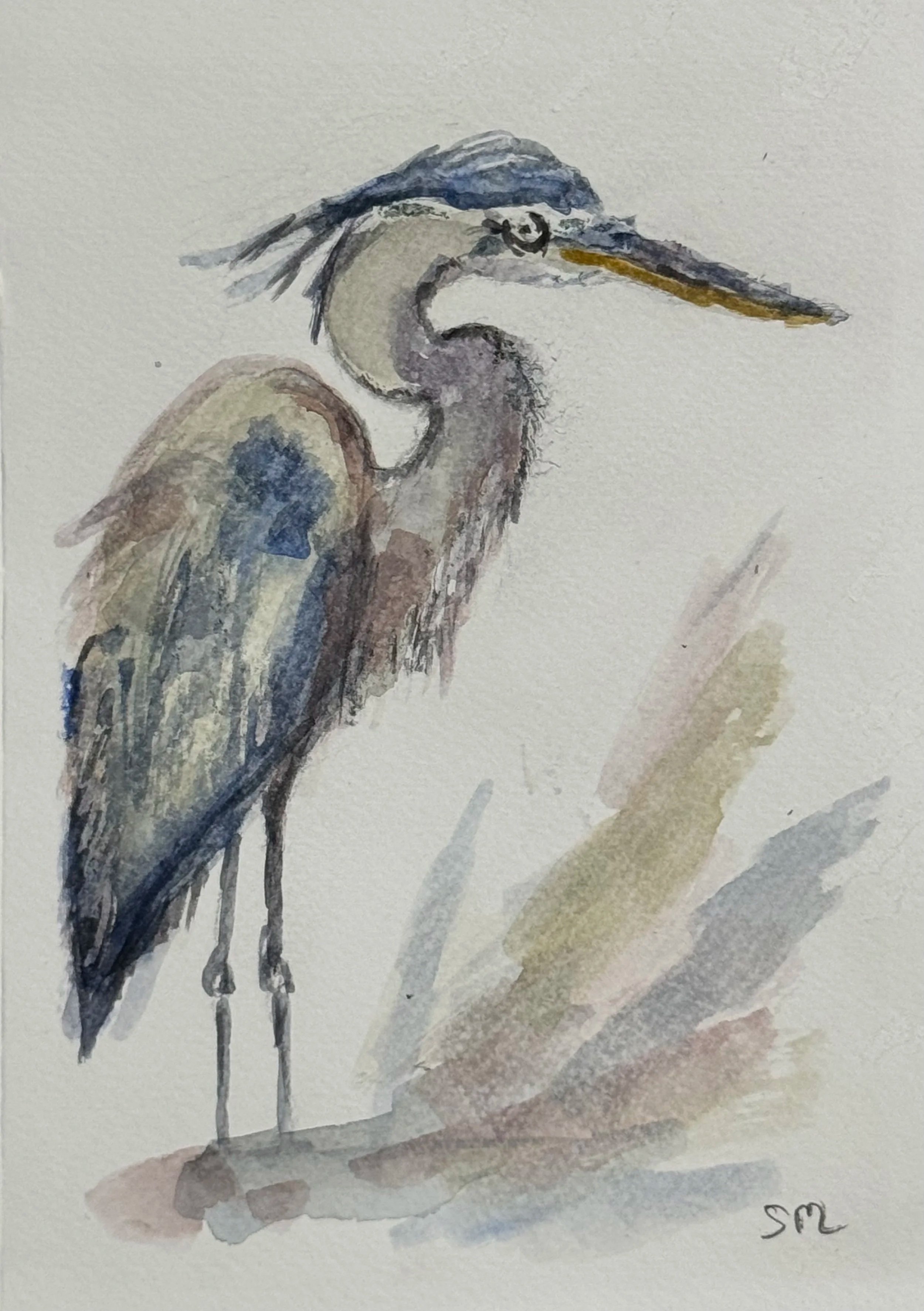 Fine art watercolour of a heron standing in still water on the River Cart, Scotland, by artist Susan McMillan.