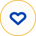 A simple icon of a blue heart inside a circle with a gold border.