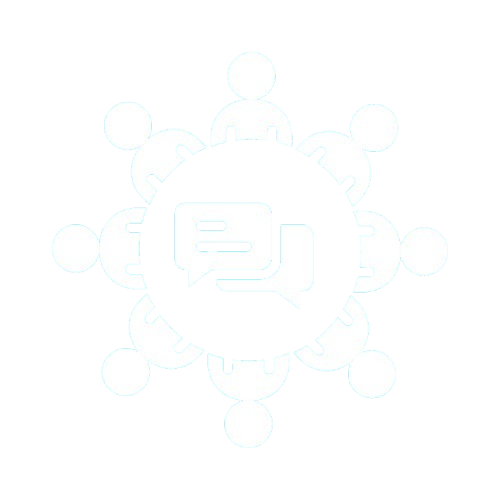 Icon representing communication surrounded by multiple abstract human figures in a circle.