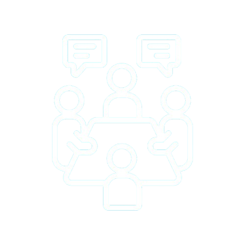 Outline illustration of four people sitting around a table with two speech bubbles above two of them.