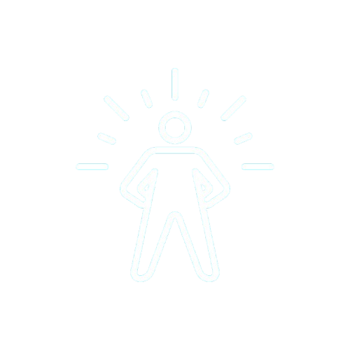 Outline of a person with hands on hips, glowing lines around head indicating empowerment.