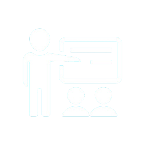 Icon of a person pointing at a blackboard or screen with two seated people in front, representing a classroom or presentation.