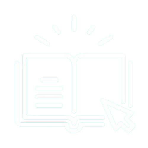 Icon of an open book with a mouse cursor and lines representing text, surrounded by lines indicating illumination or focus.