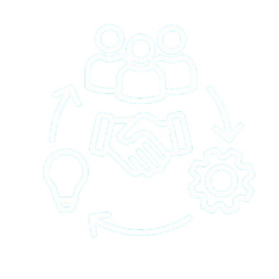 Icon representing teamwork, collaboration, and innovation with people, shaking hands, a gear, a light bulb, and arrows symbolizing a cycle