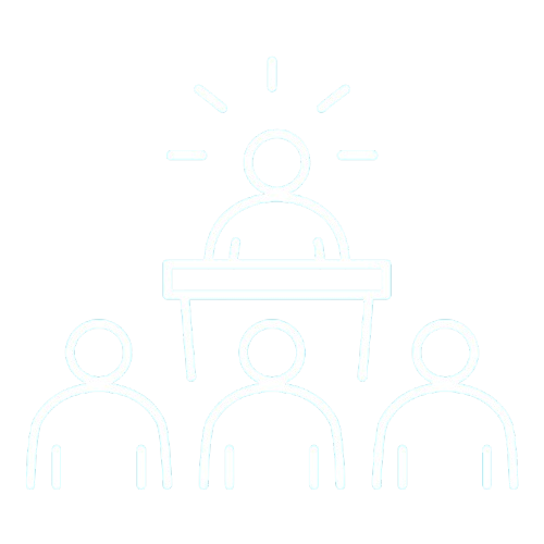 Icon of a person speaking at a podium with three audience members listening.