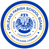 Seal of the Orleans Parish School Board with an eagle, scales, and shield, featuring text around the border that reads 'Orleans Parish School Board, Union, Justice, Confidence, New Orleans, Louisiana'.