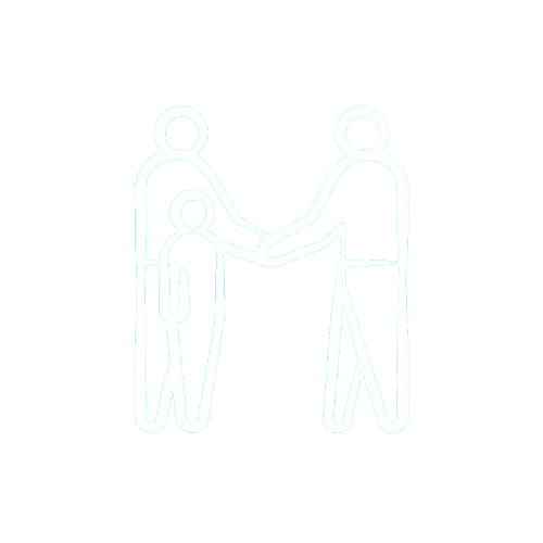 Outline drawing of two adults and one child shaking hands with a child stood beside one of them.