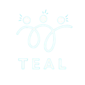 A logo featuring three stylized stick figures with round heads and a squiggle as a body, with the word 'TEAL' written below in blue.