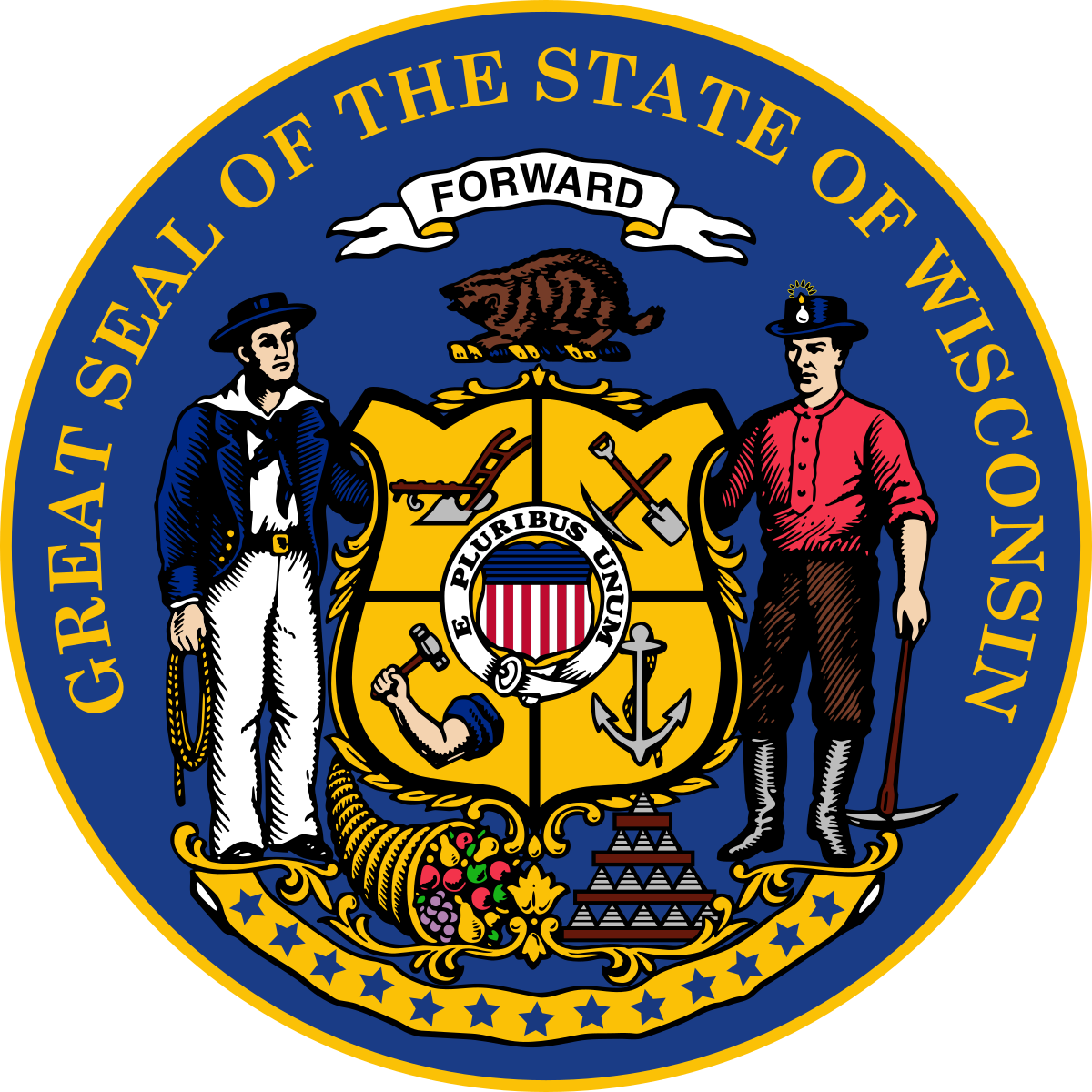 Official seal of the Wisconsin State Government with two figures, one in colonial attire and the other in firefighter uniform, a shield with symbols, the state motto, and surrounding text.