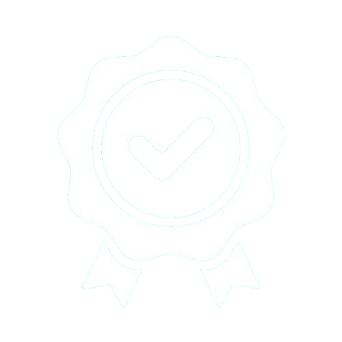 A black and white icon of a badge with a checkmark in the center.