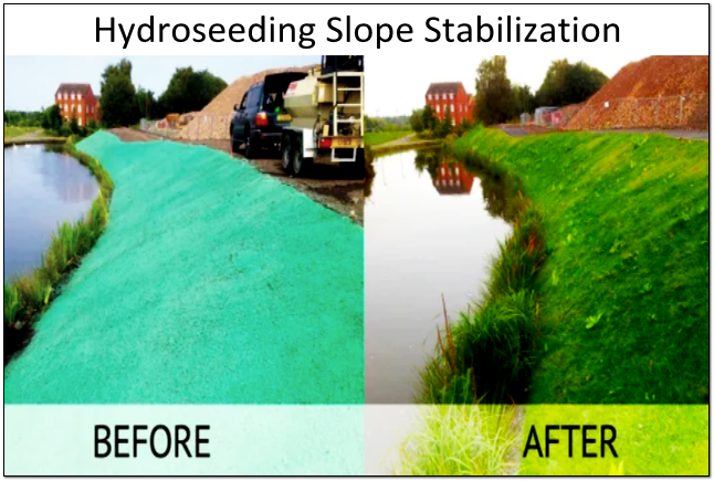 Hydroseeding hillside slope stabilization with grass before and after illustration