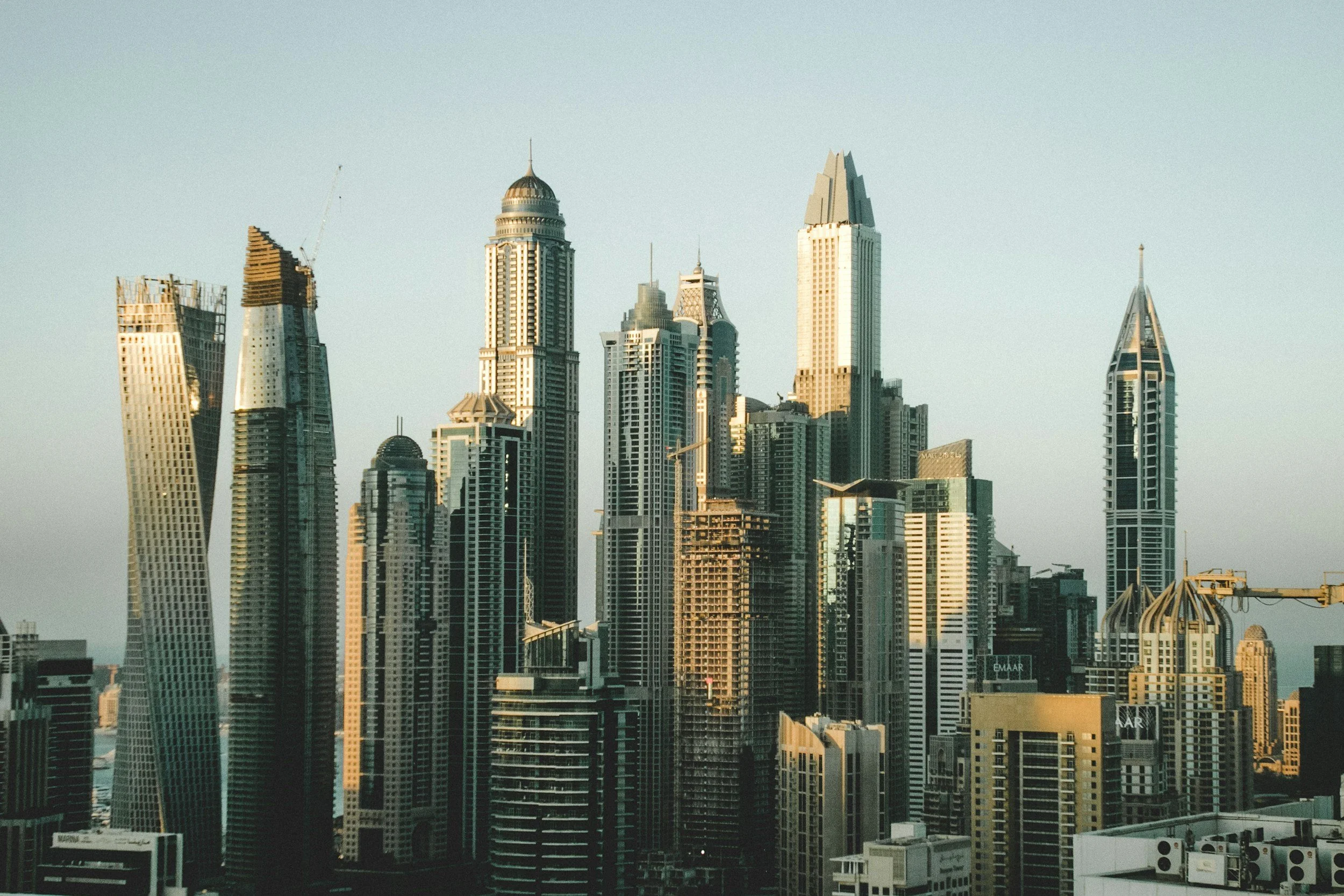 Skyline of Dubai with modern skyscrapers at dawn