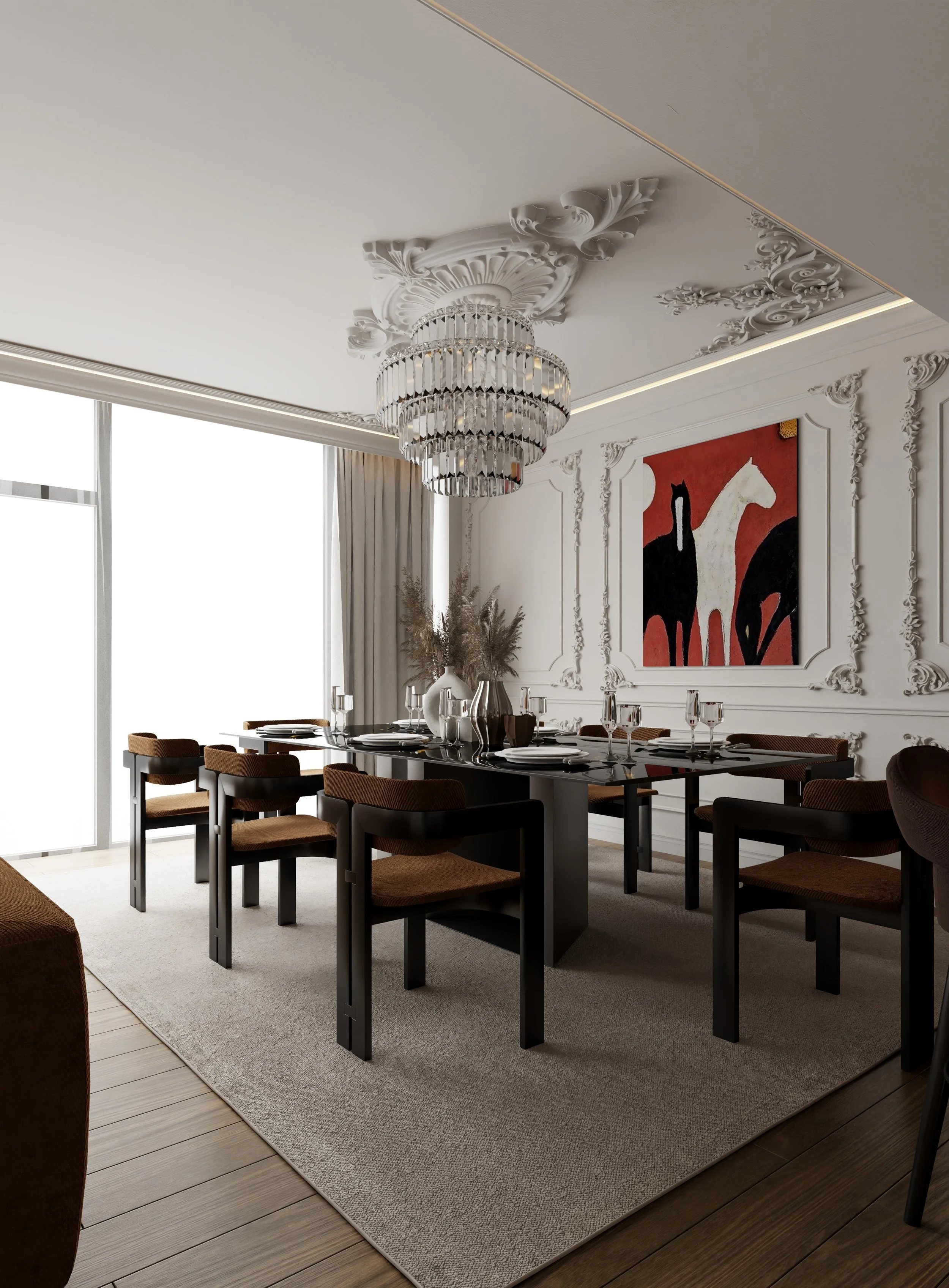 Elegant dining room with a modern table and chairs, a large chandelier, ornate ceiling decor, and a colorful painting on the wall.