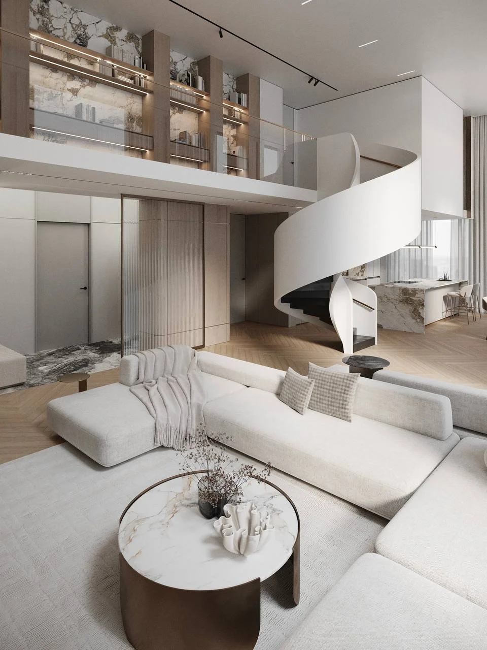 Modern living room with a white sectional sofa, a marble coffee table, and a spiral staircase leading to an upper level. The decor features neutral tones and a sleek, minimalist design. A kitchen is visible in the background.