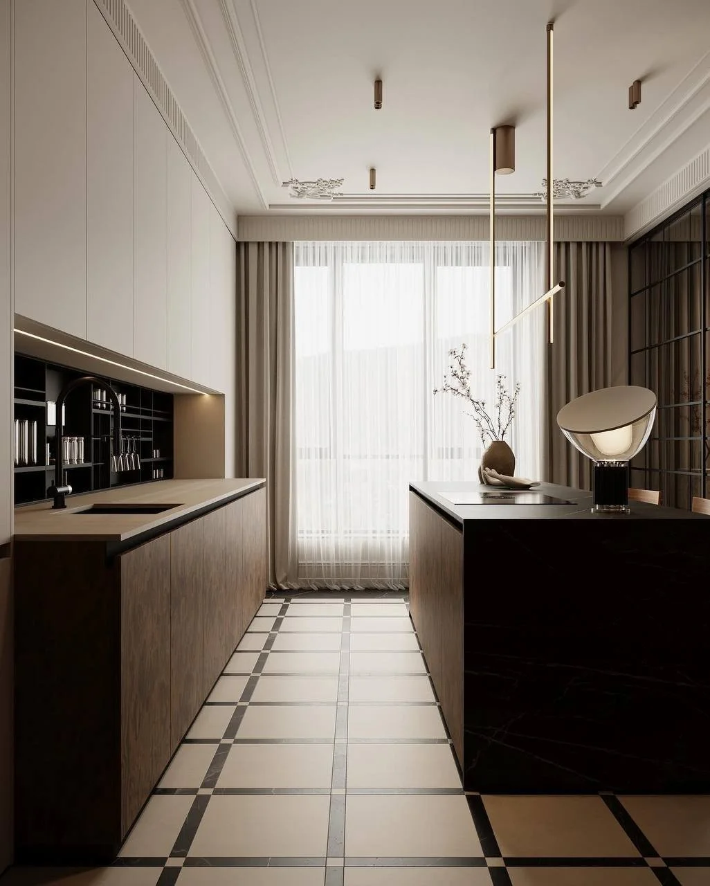 Modern kitchen with minimalist design, featuring dark and light cabinetry, an island with a decorative vase, a sink area, and a large window with sheer curtains. The floor is tiled in a geometric pattern, and there are sleek light fixtures on the cei