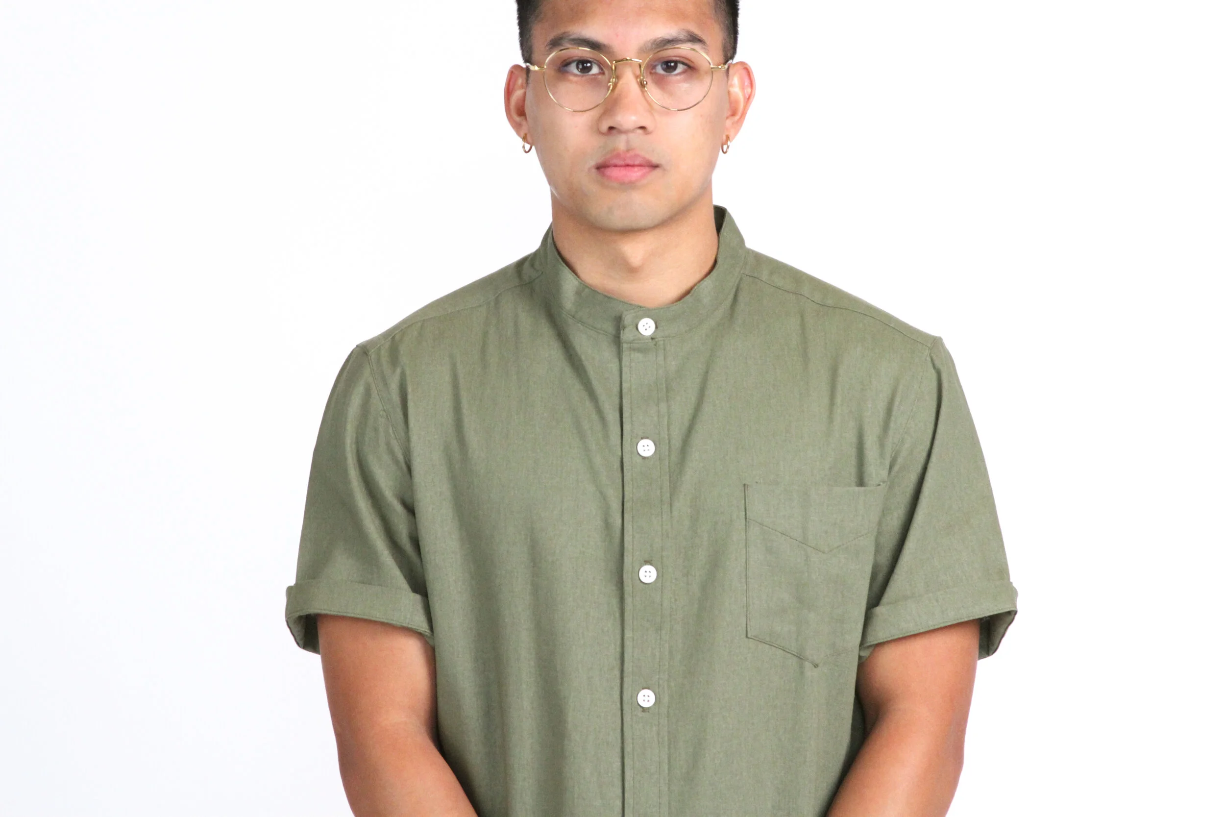 Finery's Male Slim Short Sleve Banded Collar Shirt in Moss Linen Blend (Copy)