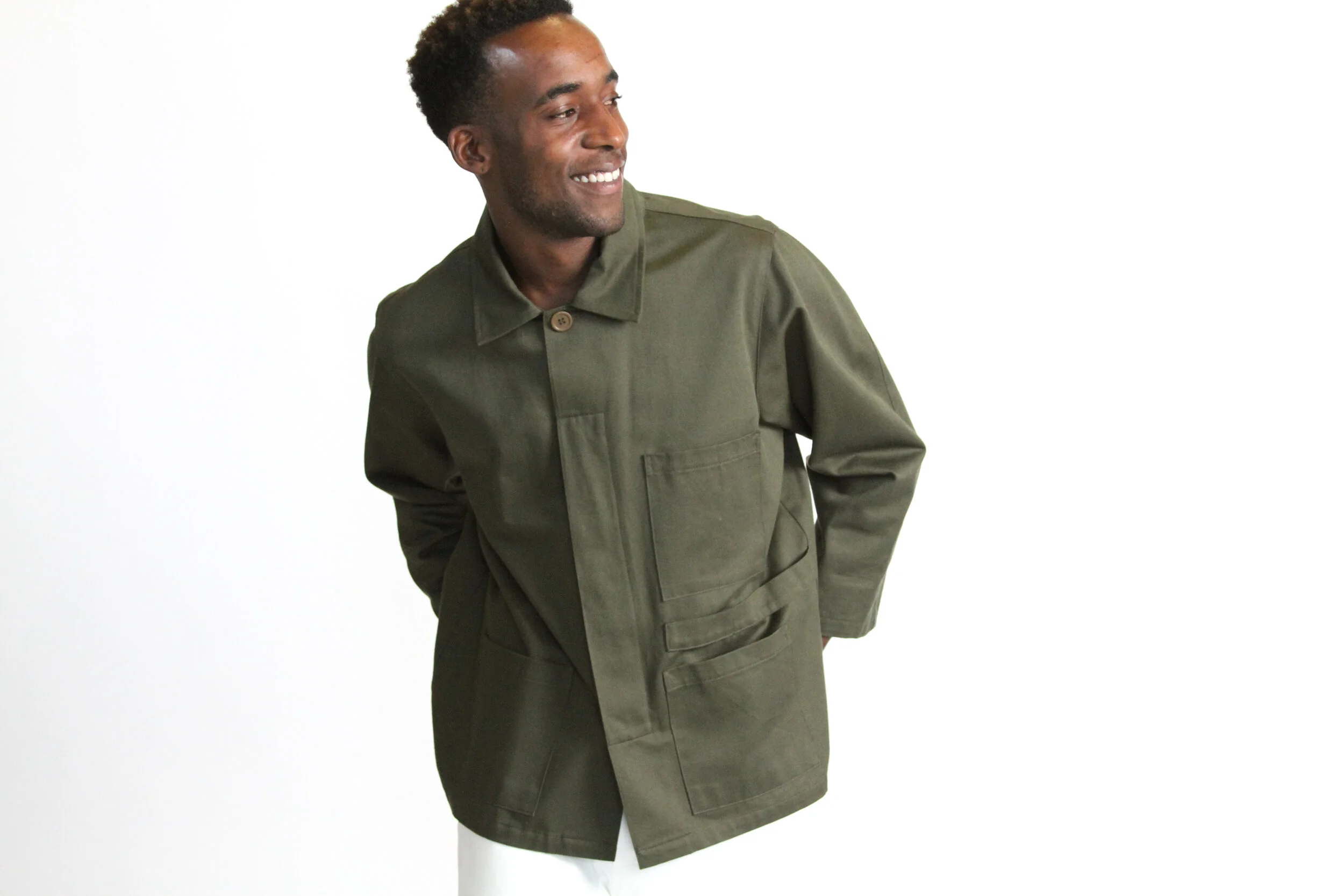 Finery's Male Worker Coat in Army Green Cotton Twill (Copy)