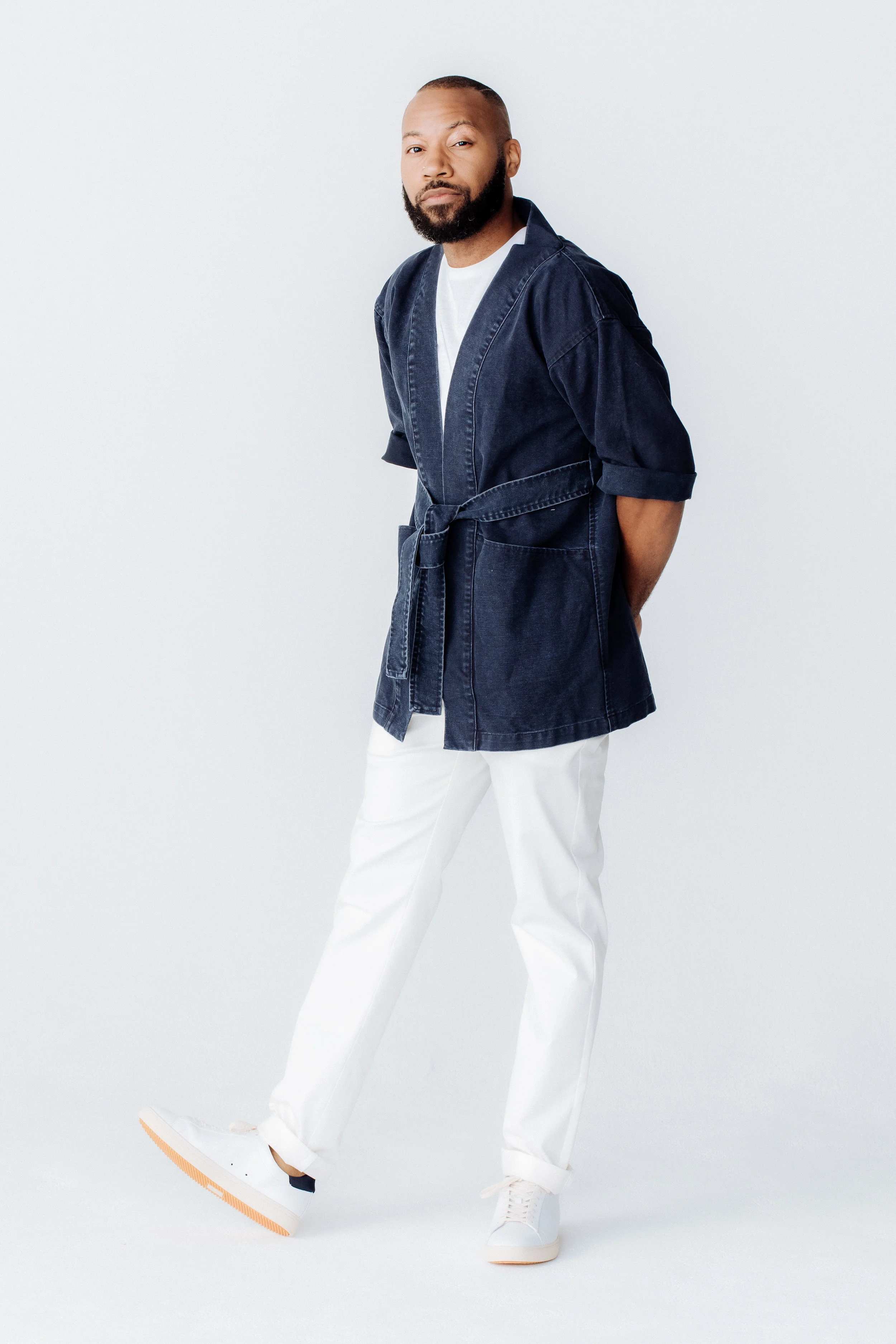 Finery Kimono Coat in Navy Cotton Canvas, Hospitality Uniform (Copy)