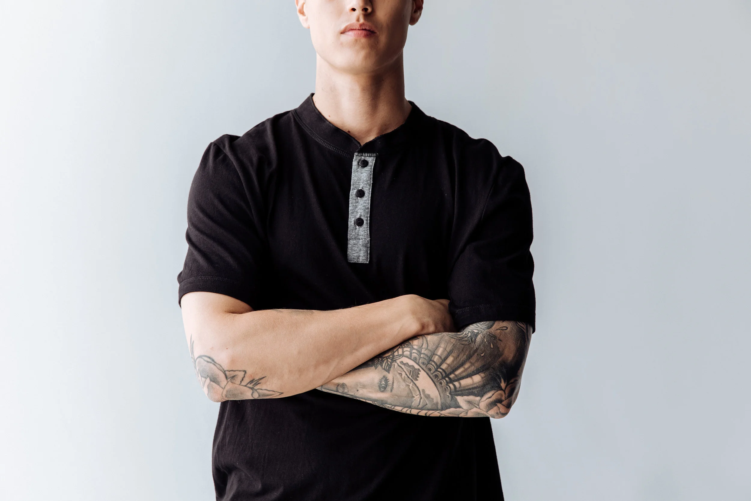 Finery Short Sleeve Henley in Black with Gray Placket, Restaurant Uniform (Copy)