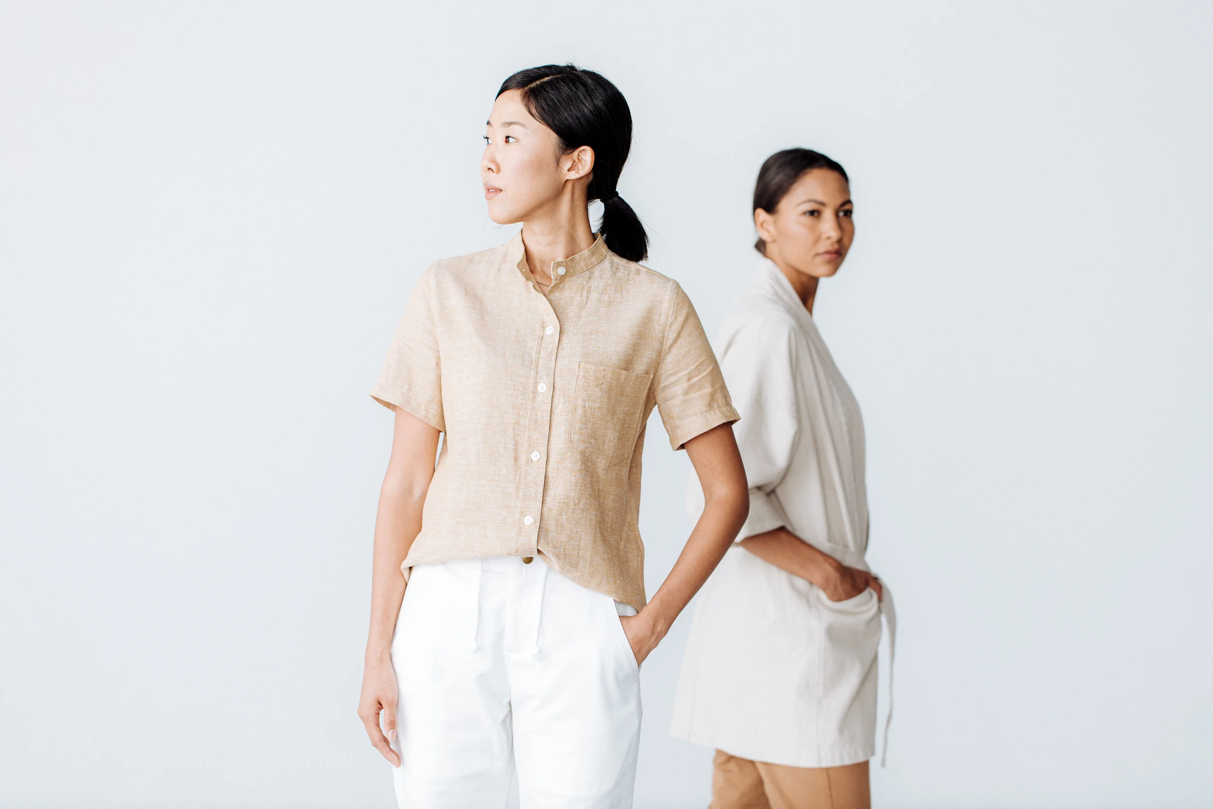 Finery Women's Slim Short Sleeve Banded Collar Shirt in Oatmeal Linen Blend, Hospitality Uniform (Copy)