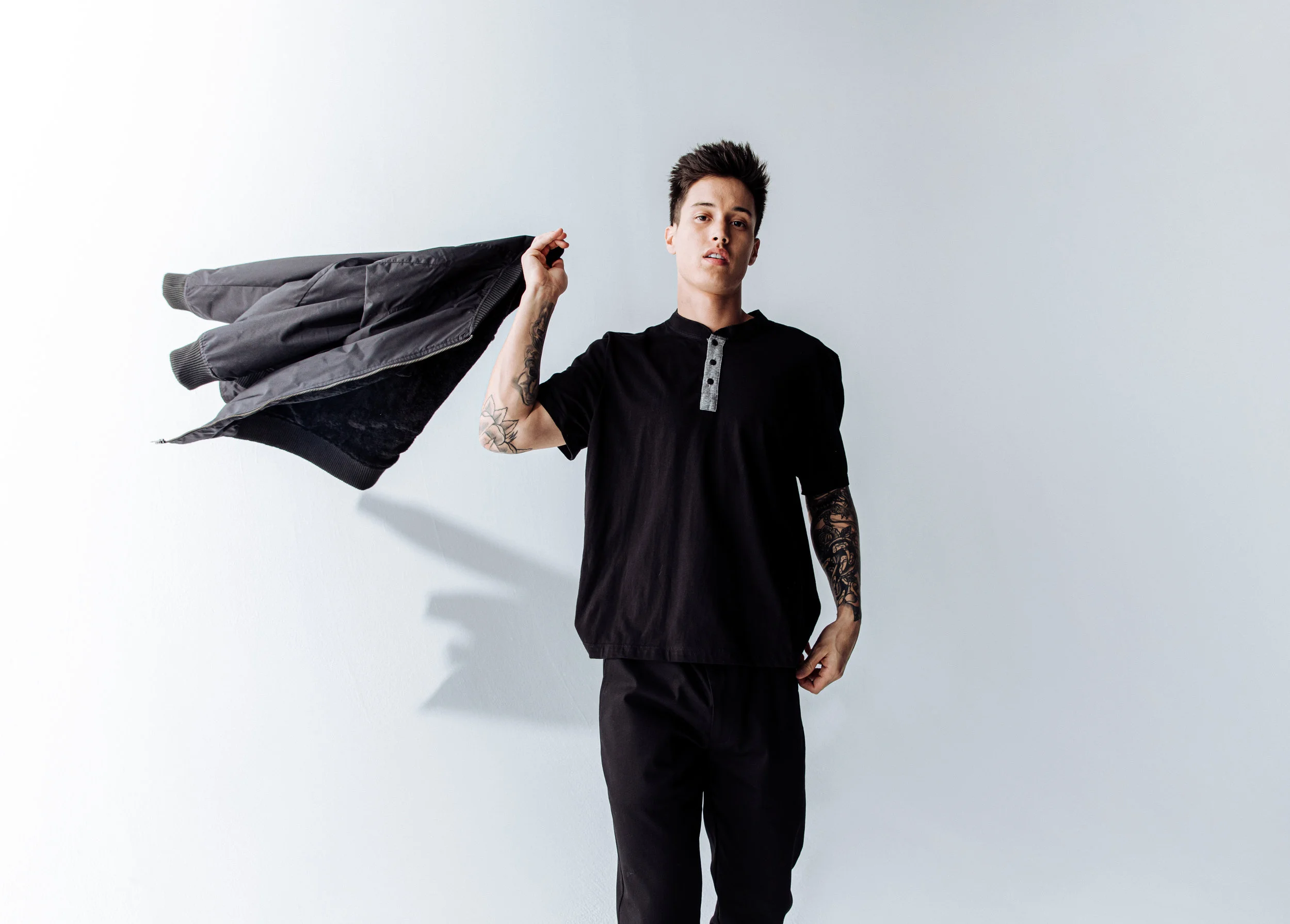 Finery Short Sleeve Henley in Black with Gray Placket, Restaurant Uniform (Copy)