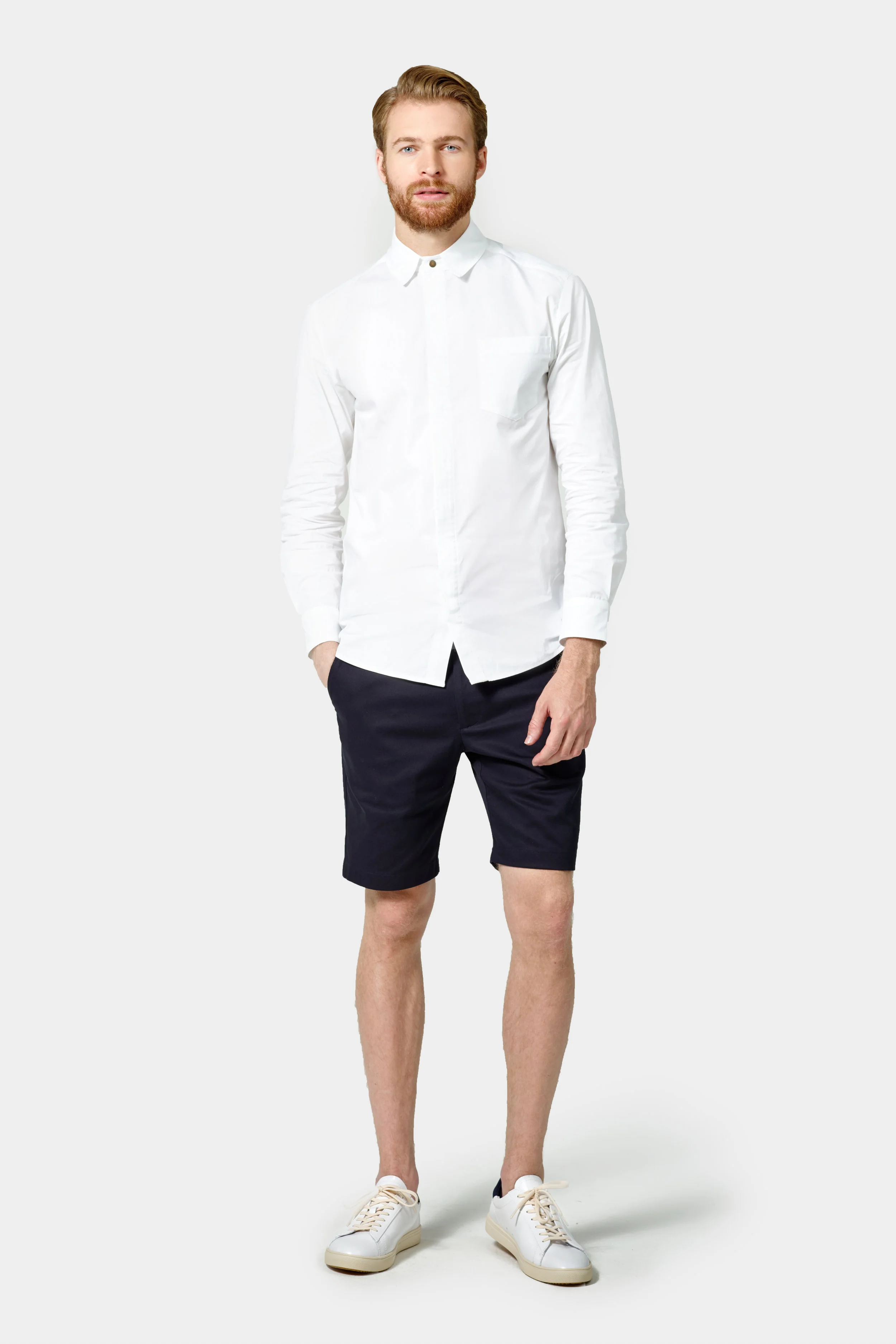 FInery Men’s Slim Long Sleeve Hidden Placket Shirt in White Cotton Poplin, Front Desk Uniform (Copy)
