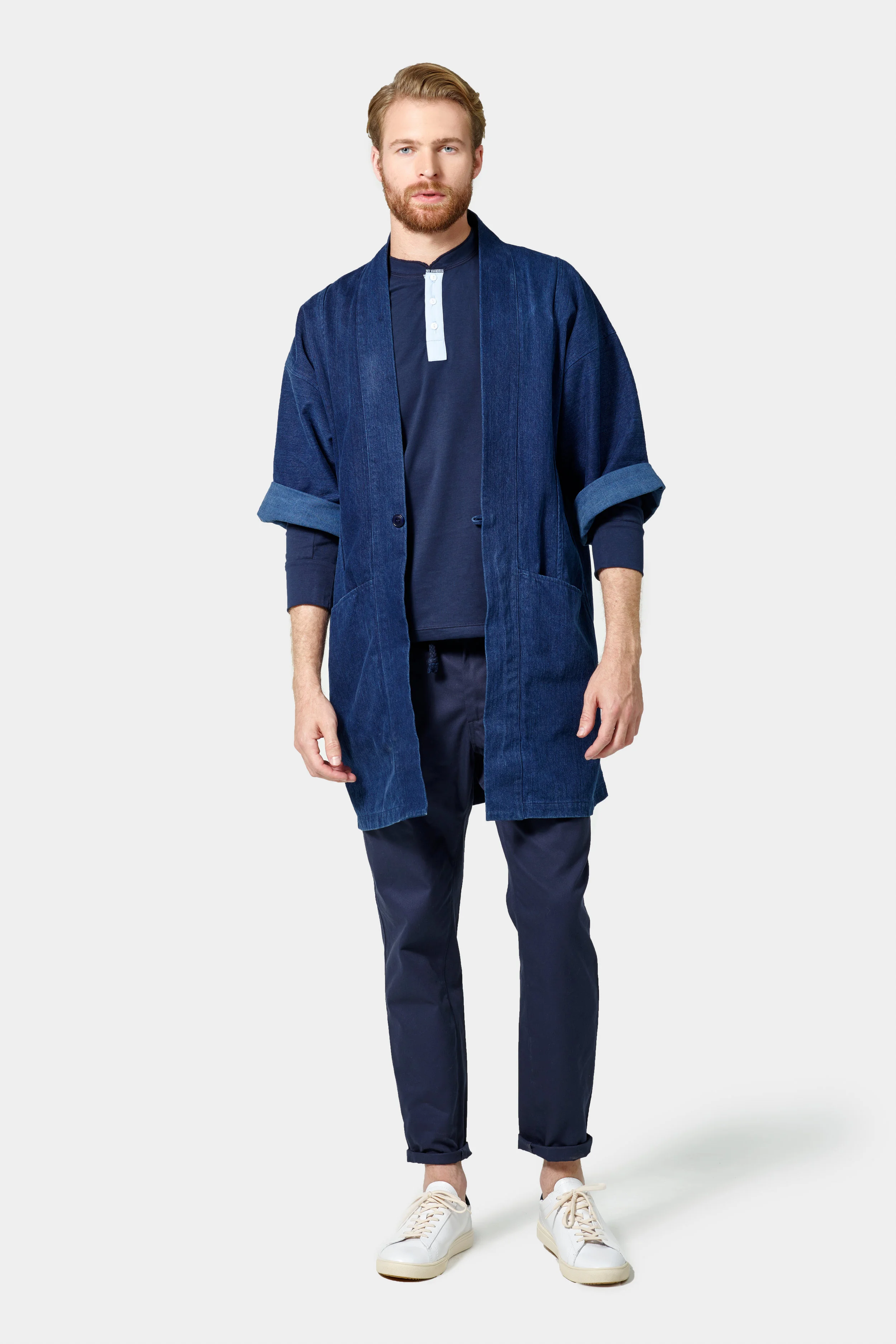 Finery Long Sleeve Henley in Navy with Light Blue Placket, Hotel Uniform (Copy)