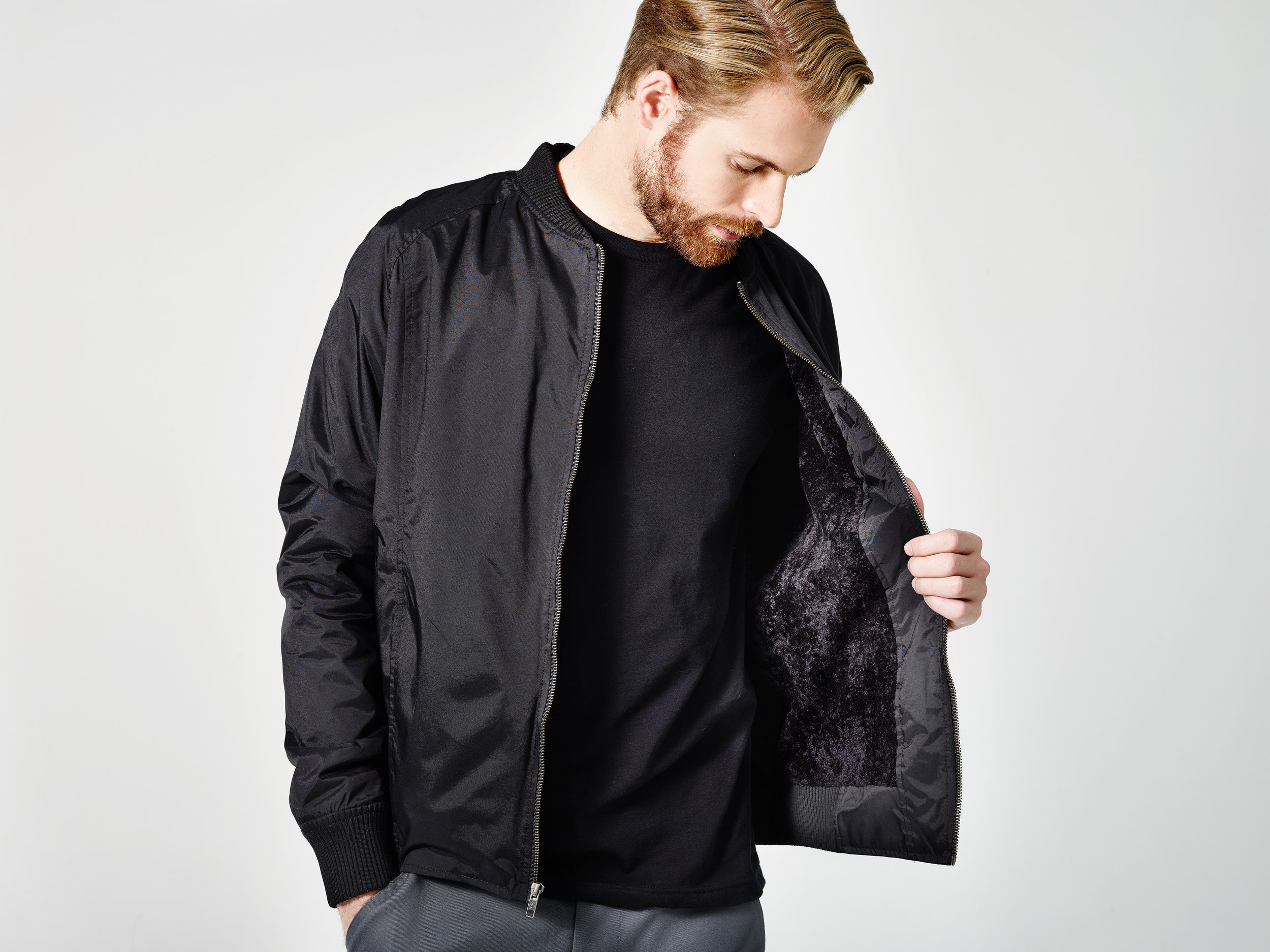 Finery Bomber Jacket in Black Nylon with Sherpa Lining, Hotel Uniform (Copy)
