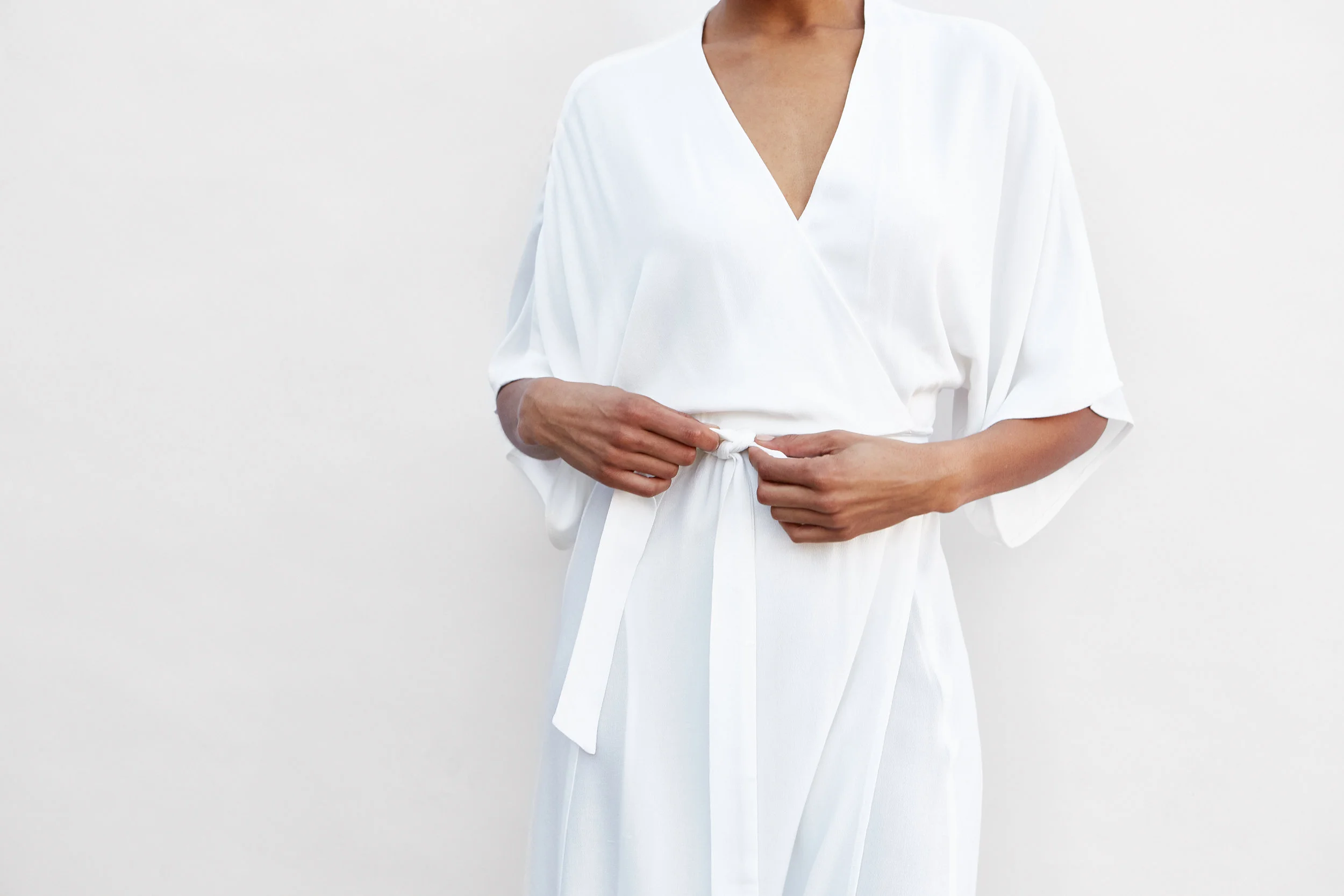 Finery Kimono Sleeve Wrap Dress in Warm White Crinkled Cotton Gauze, Hotel Uniform (Copy)