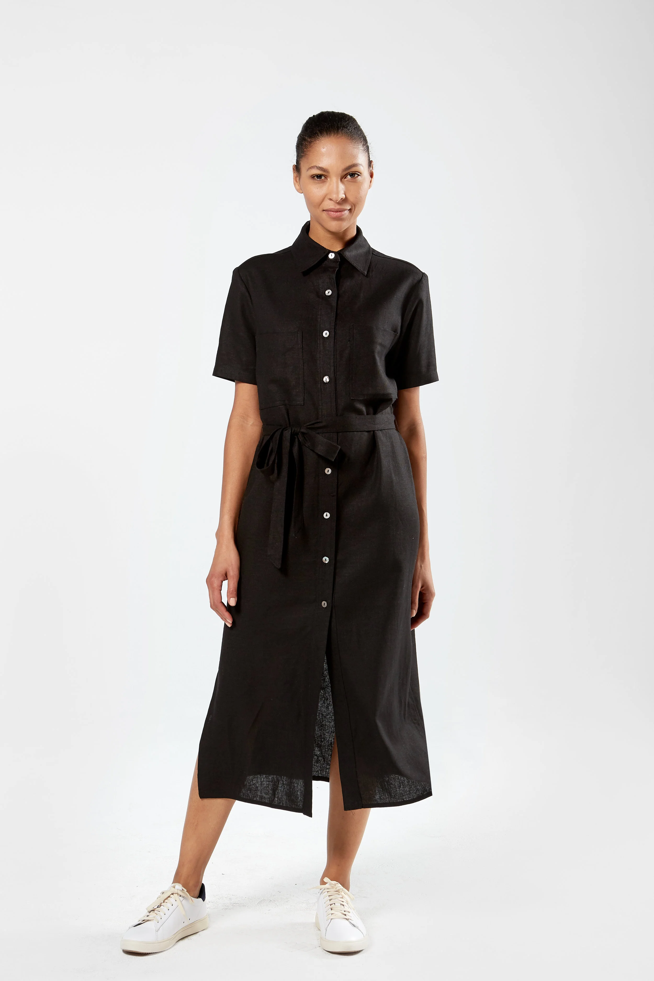 Finery Women's Shirt Dress, Self Fabric Belt in Black, Restaurant Uniform (Copy)