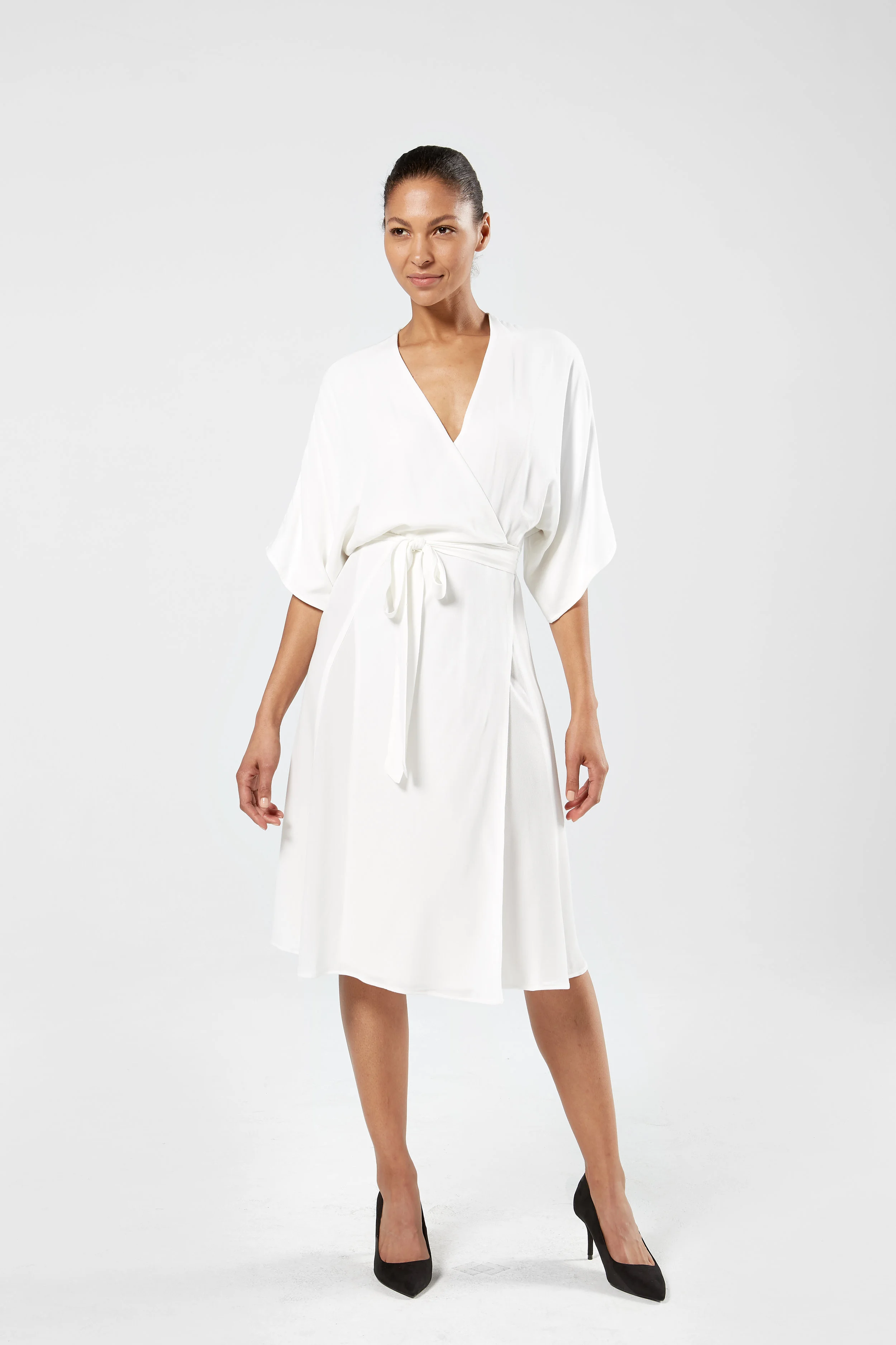 Finery Kimono Sleeve Wrap Dress in Warm White Crinkled Cotton Gauze, Hotel Uniform (Copy)