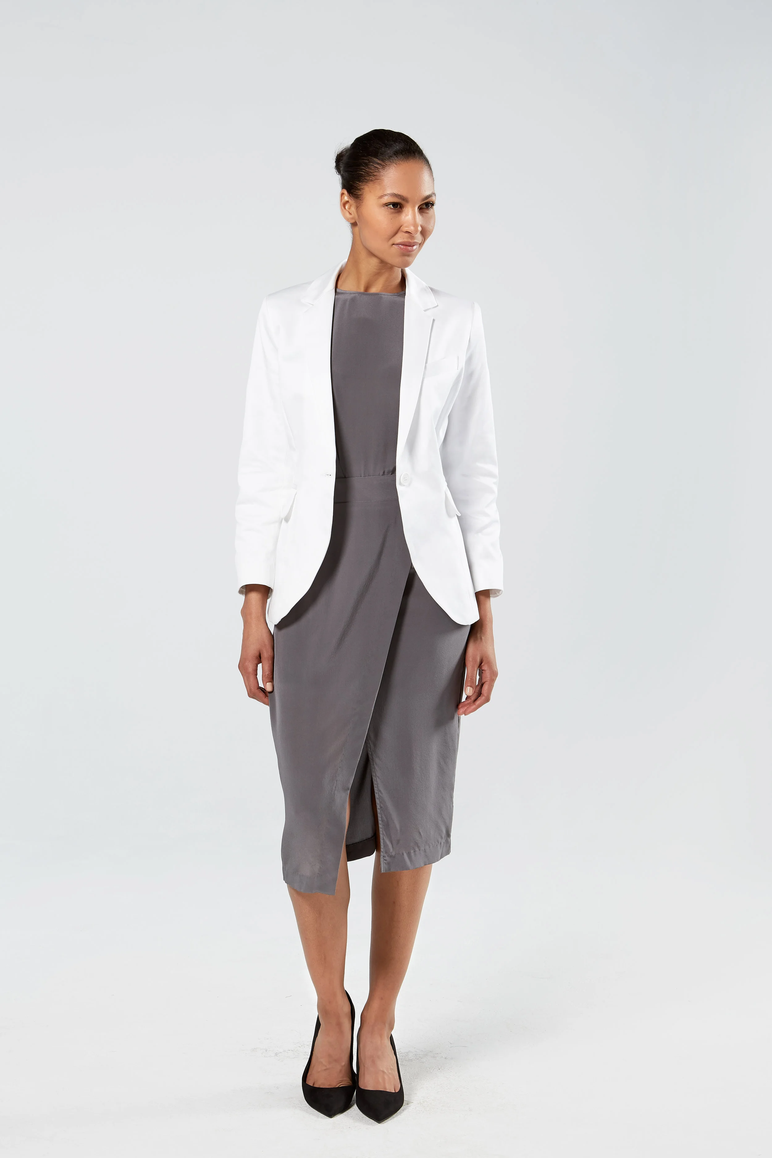 Finery Women's One Button Blazer in White Cotton Twill, Hotel Uniform (Copy)