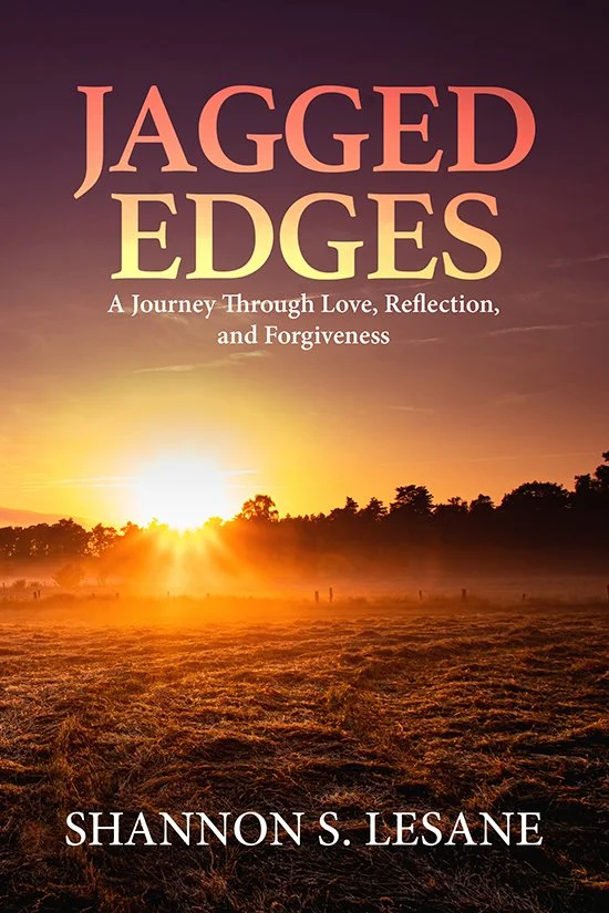 Book cover titled 'Jagged Edges' by Shannon S. Lesane features a landscape with a sunset over a field, silhouettes of trees, and a sky transitioning from orange to deep purple.