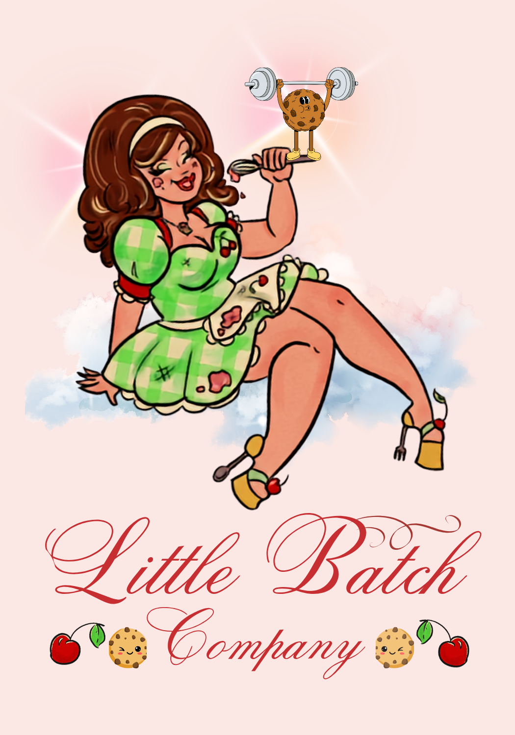 A cartoon woman with brown hair in a green and white checkered dress holds a spoon and smiles. She is sitting on clouds, with one leg crossed over the other. Beside her, a small animated cookie with arms, legs, and a face lifts a barbell made of a cookie and barbell weights. The background is pink with a soft cloud design, and the text says "Little Batch Company" with small cookies and cherries decorating the bottom.