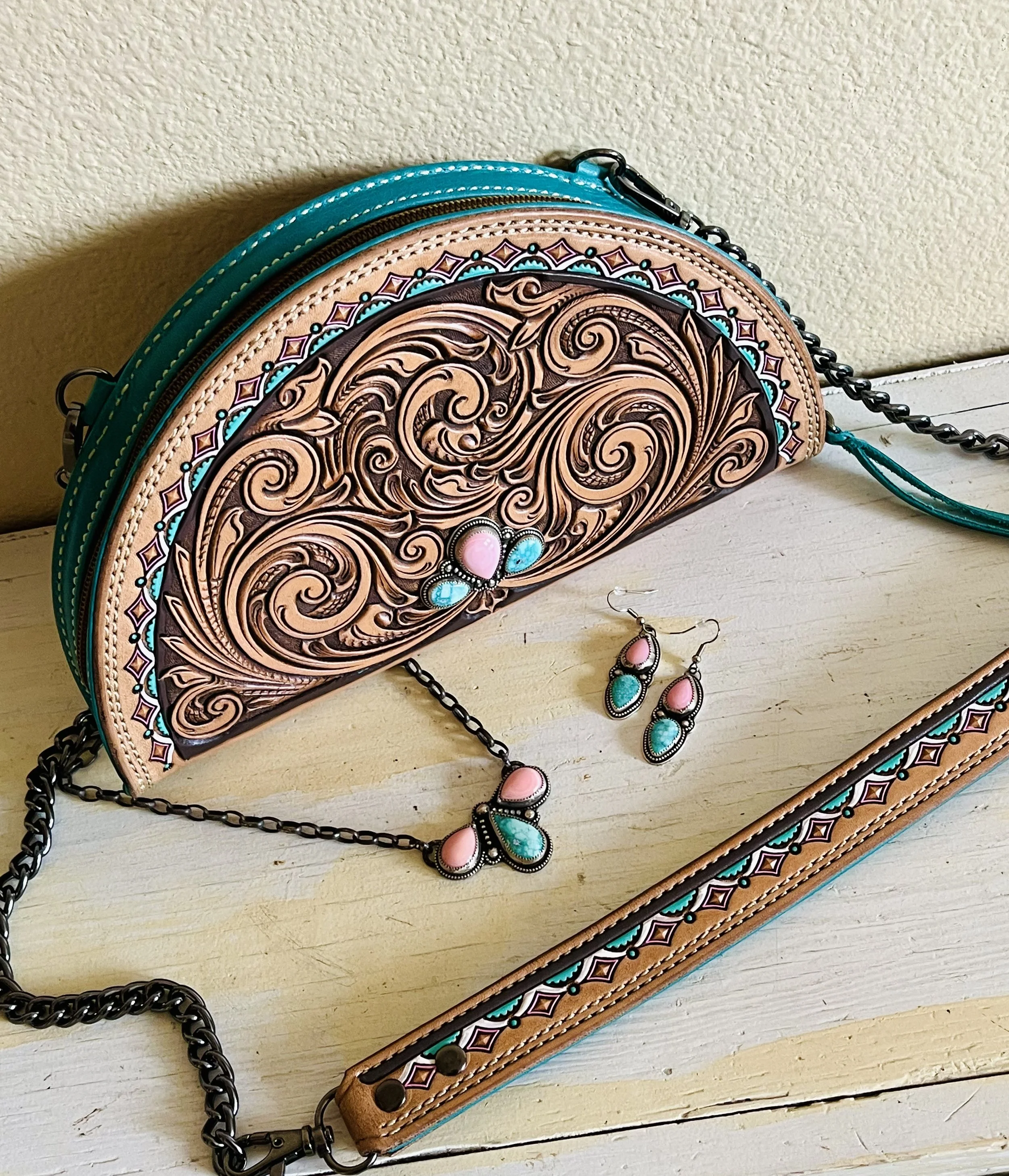 Turquoise and Queen Conch Tooled Leather Clutch