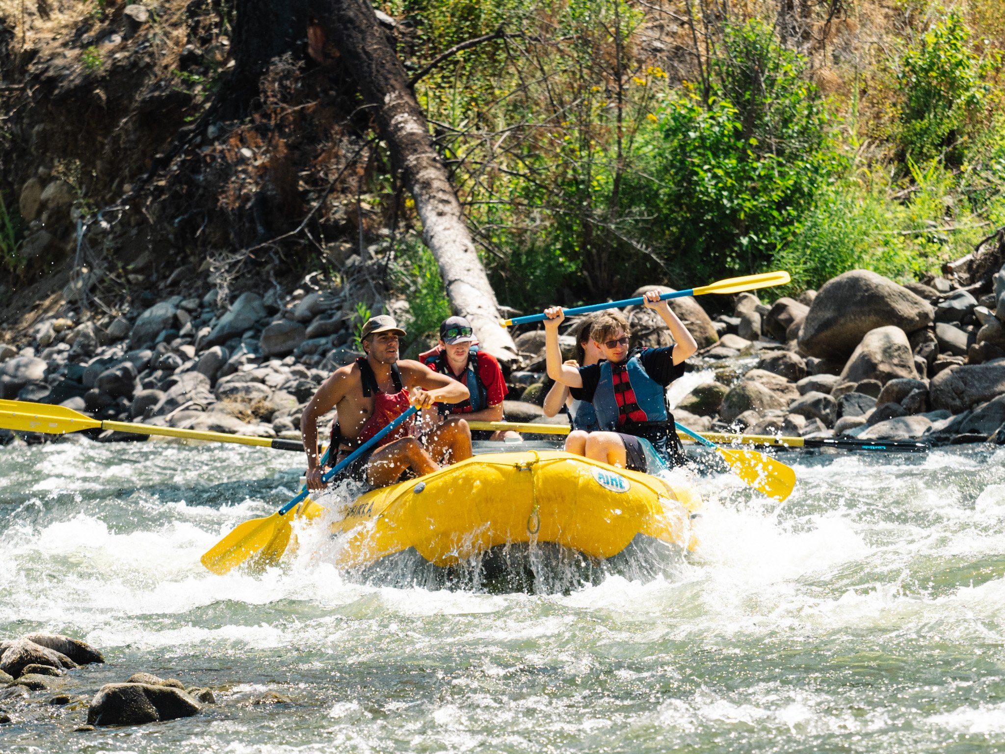 A yellow raft emerges from a rapid with water pouring off of the bow while the passengers paddle downstream.