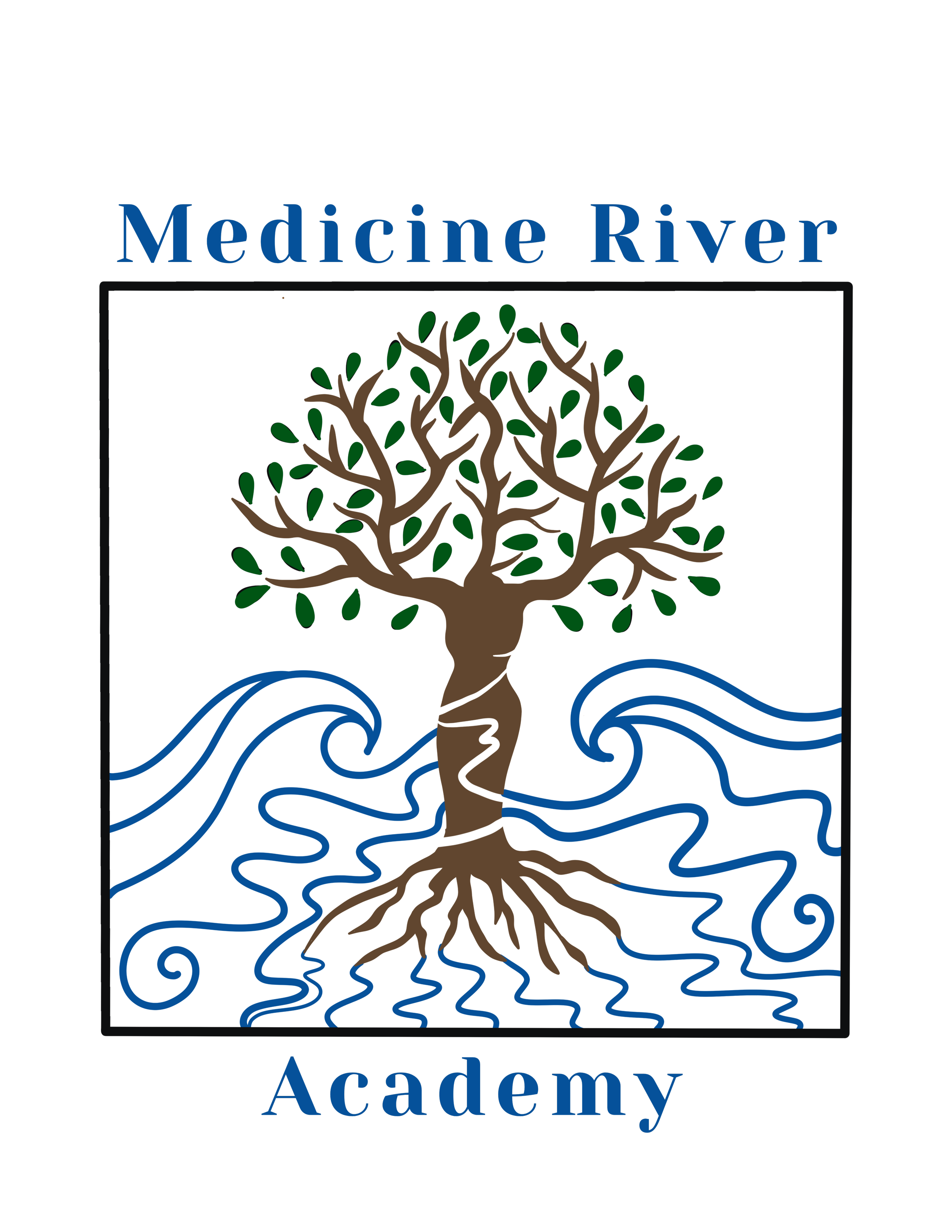 Medicine River Academy logo featuring a large, drawn tree with its roots reaching down into the river currents.