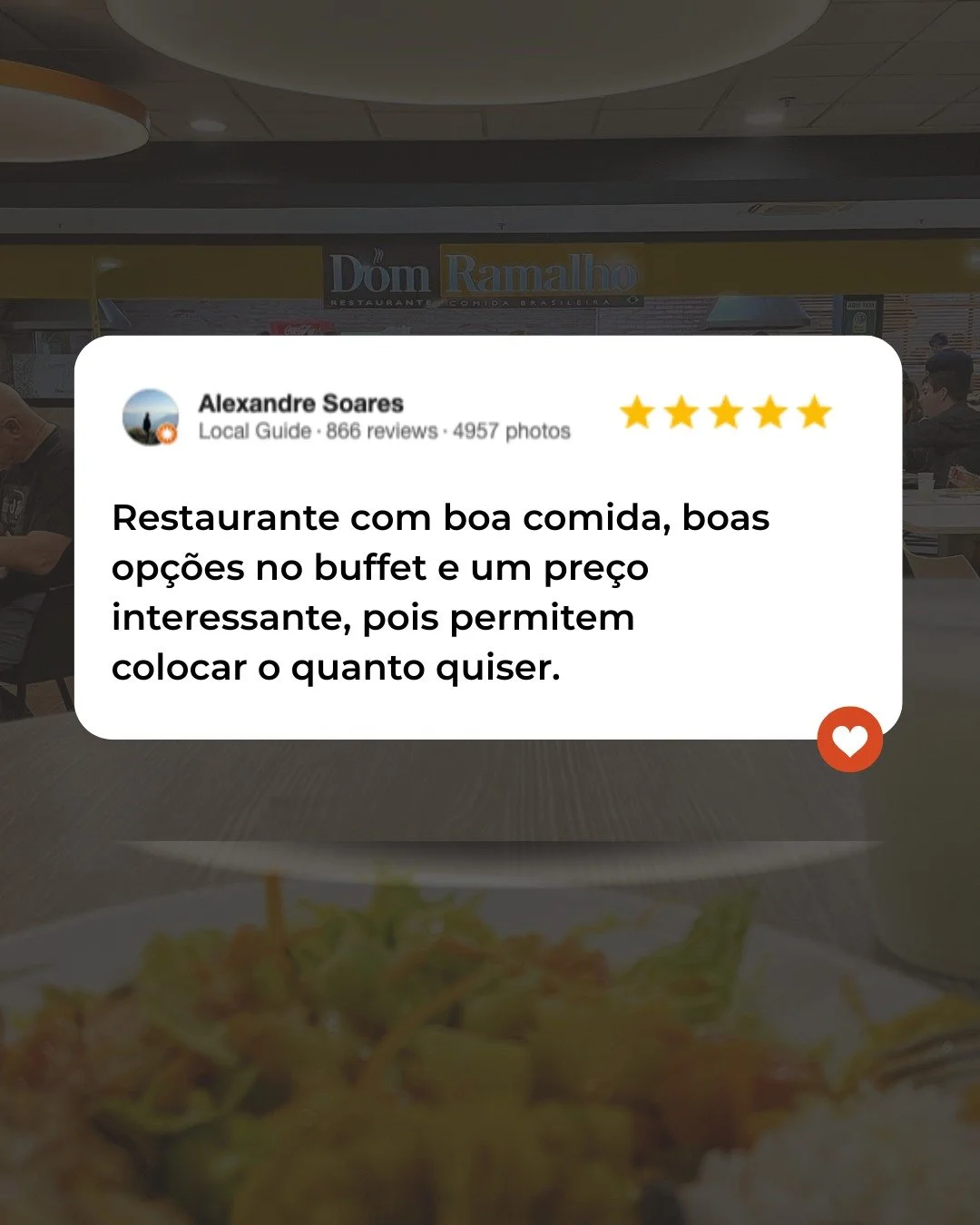 Agradecemos o feedback no Google 💛
No Dom Ramalho Restaurante, você come à vontade, sem pesar o prato e sem pesar no bolso.
#reviews #google #domramalho #brasilia