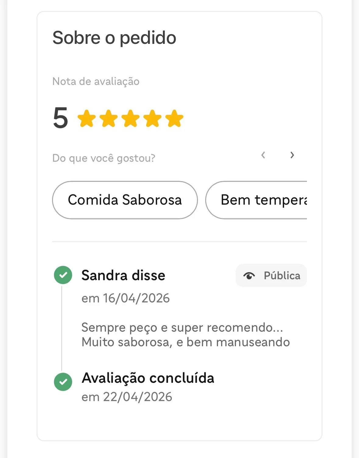5 estrelas que t&ecirc;m gosto de miss&atilde;o cumprida. ⭐⭐⭐⭐⭐

Nada fala mais alto do que a experi&ecirc;ncia de quem j&aacute; provou.

Receber avalia&ccedil;&otilde;es como essas nos lembra todos os dias do nosso compromisso: servir comida de ver