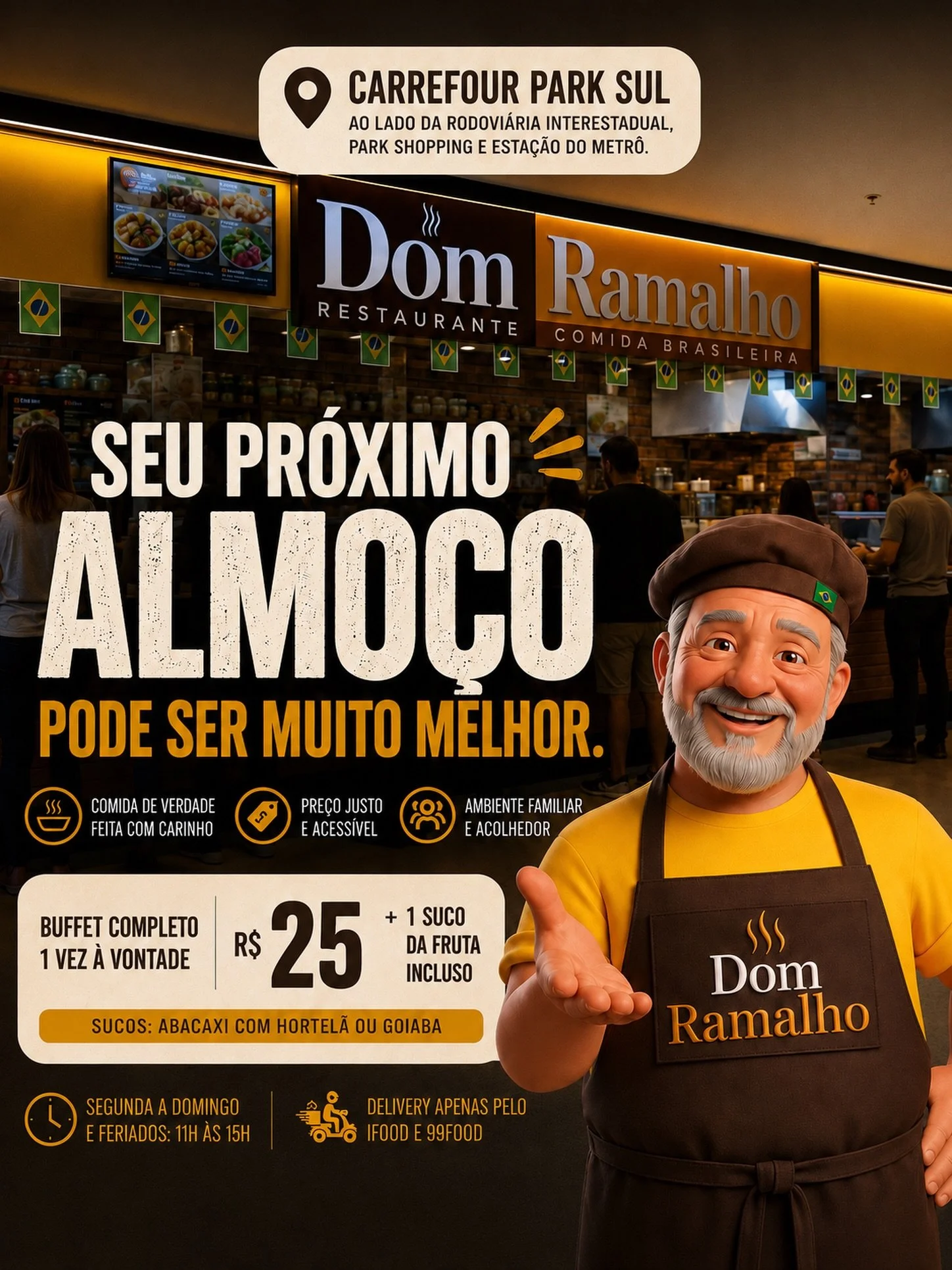 Se voc&ecirc; procura um restaurante em Bras&iacute;lia, com comida de verdade, pre&ccedil;o justo e ambiente familiar, o seu lugar &eacute; o Dom Ramalho Restaurante.

Todos os dias servimos um buffet completo por apenas R$ 25, com direito a 1 suco 