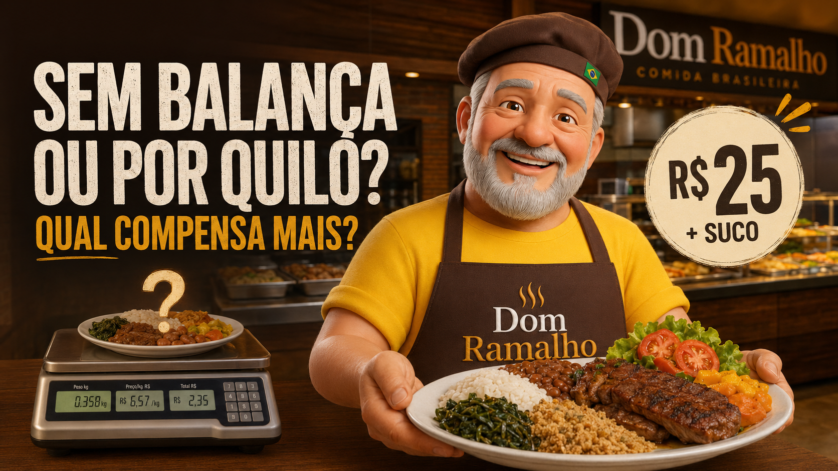 Mascote do Dom Ramalho compara restaurante por quilo com buffet sem balança por R$25 e suco em Brasília.