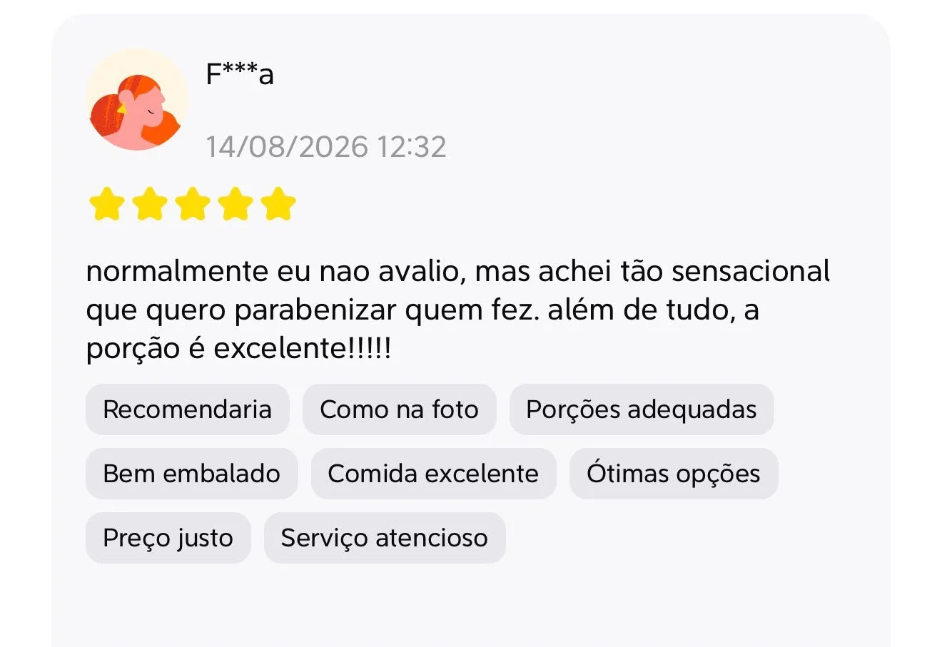 Avaliação parabenizando o Dom Ramalho na 99Food