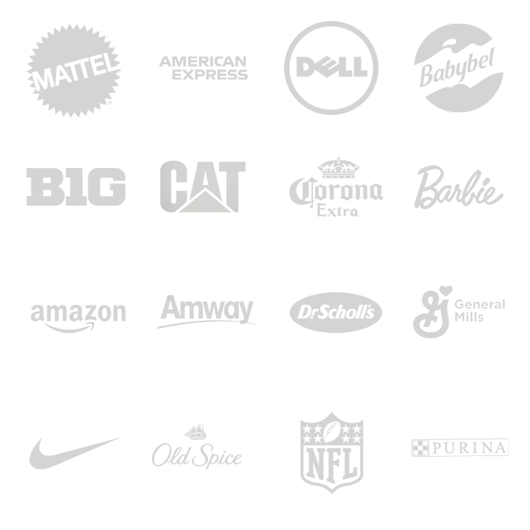 Collage of various corporate logos, including Mattel, American Express, Dell, Babybel, Big Ten (B1G), Caterpillar (CAT), Corona Extra, Barbie, Amazon, Amway, Dr. Scholl's, General Mills, Nike, Old Spice, NFL, and Purina.
