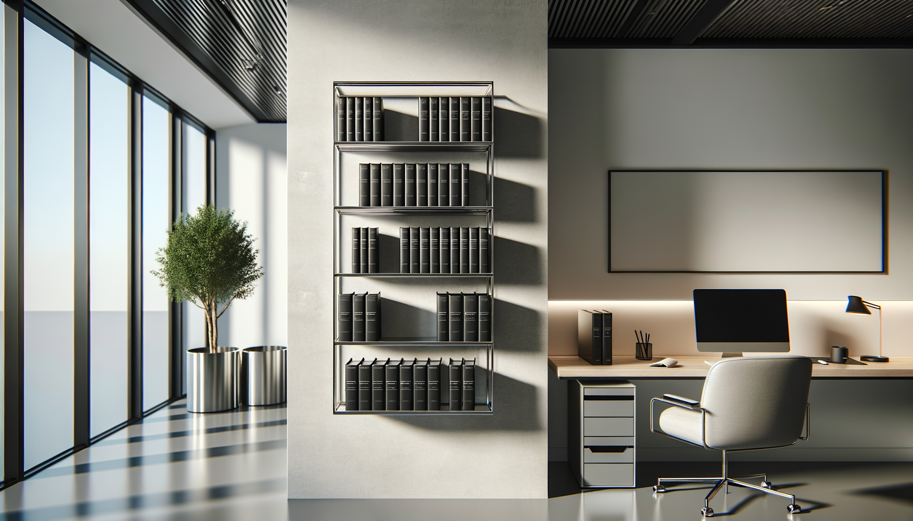 Modern office interior with large windows, a potted tree, wall-mounted bookshelves with black books, a desk with a computer, a chair, and a desk lamp.