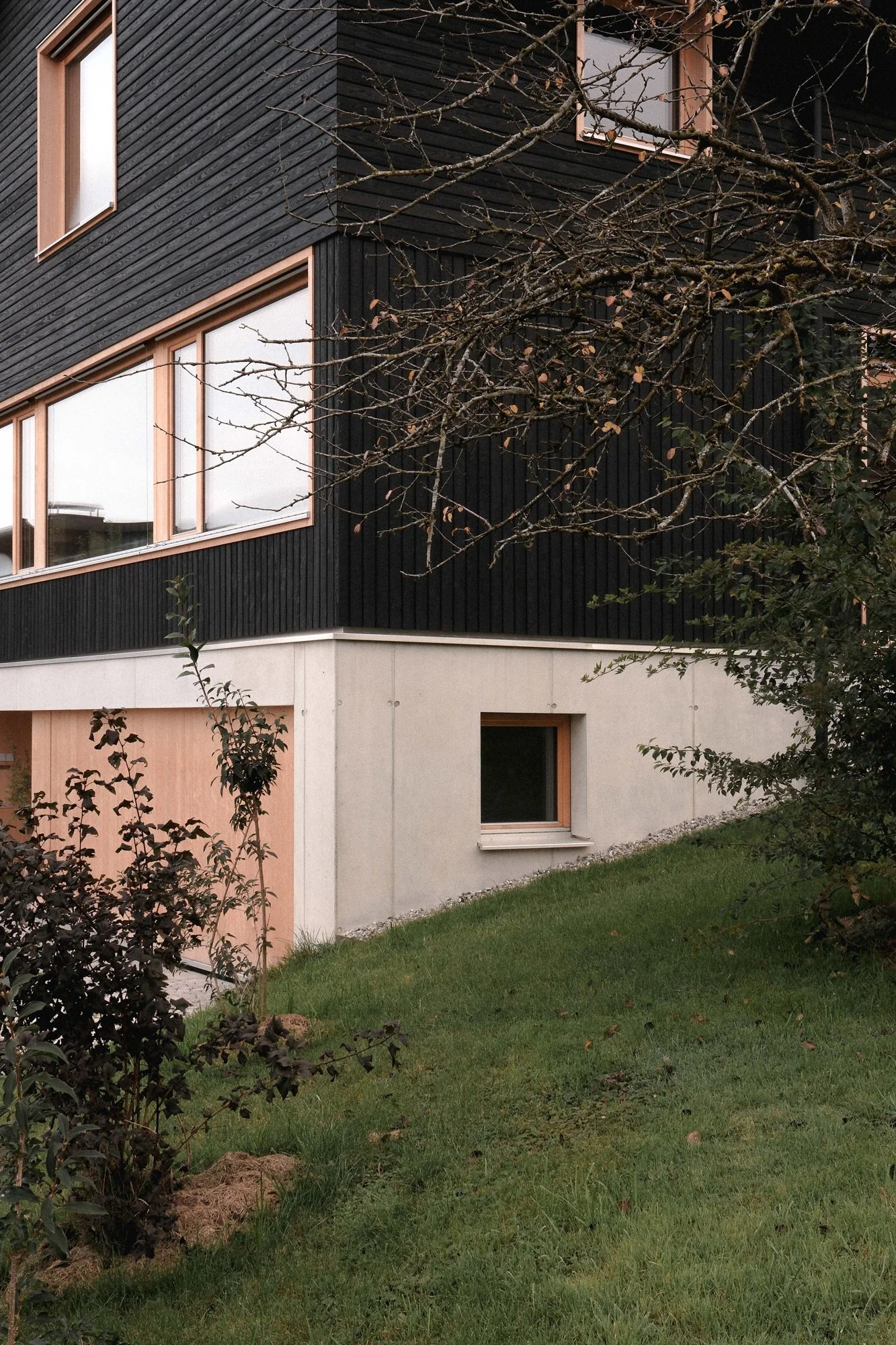 Ein modernes Haus mit schwarzem und hellem Außenputz und großen Fenstern, umgeben von Grünfläche und Bäumen im Garten.