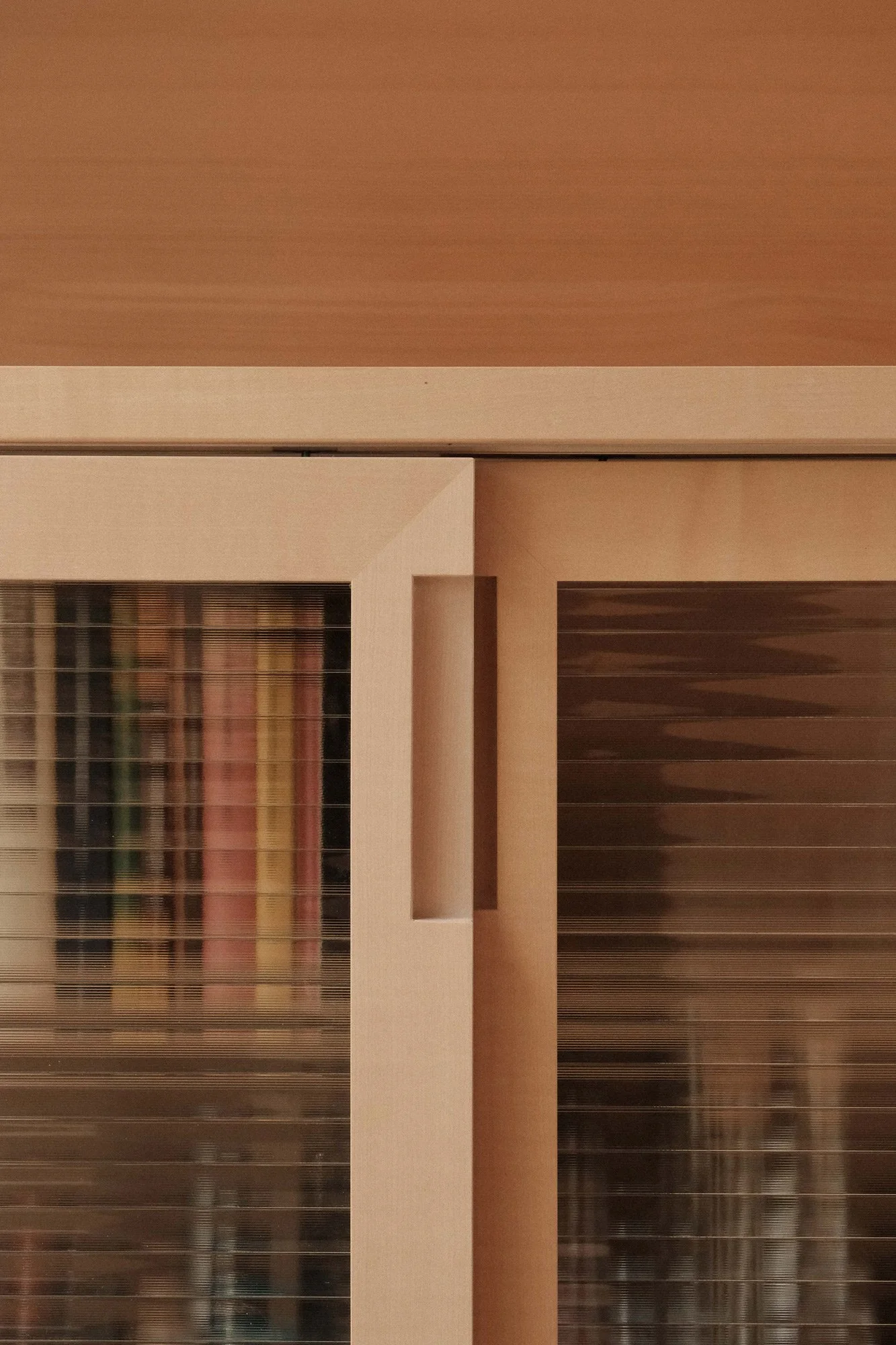 Nahaufnahme einer Holztür mit Glaseinsätzen und horizontalen Linien, teilweise verschleiert durch Reflexionen.