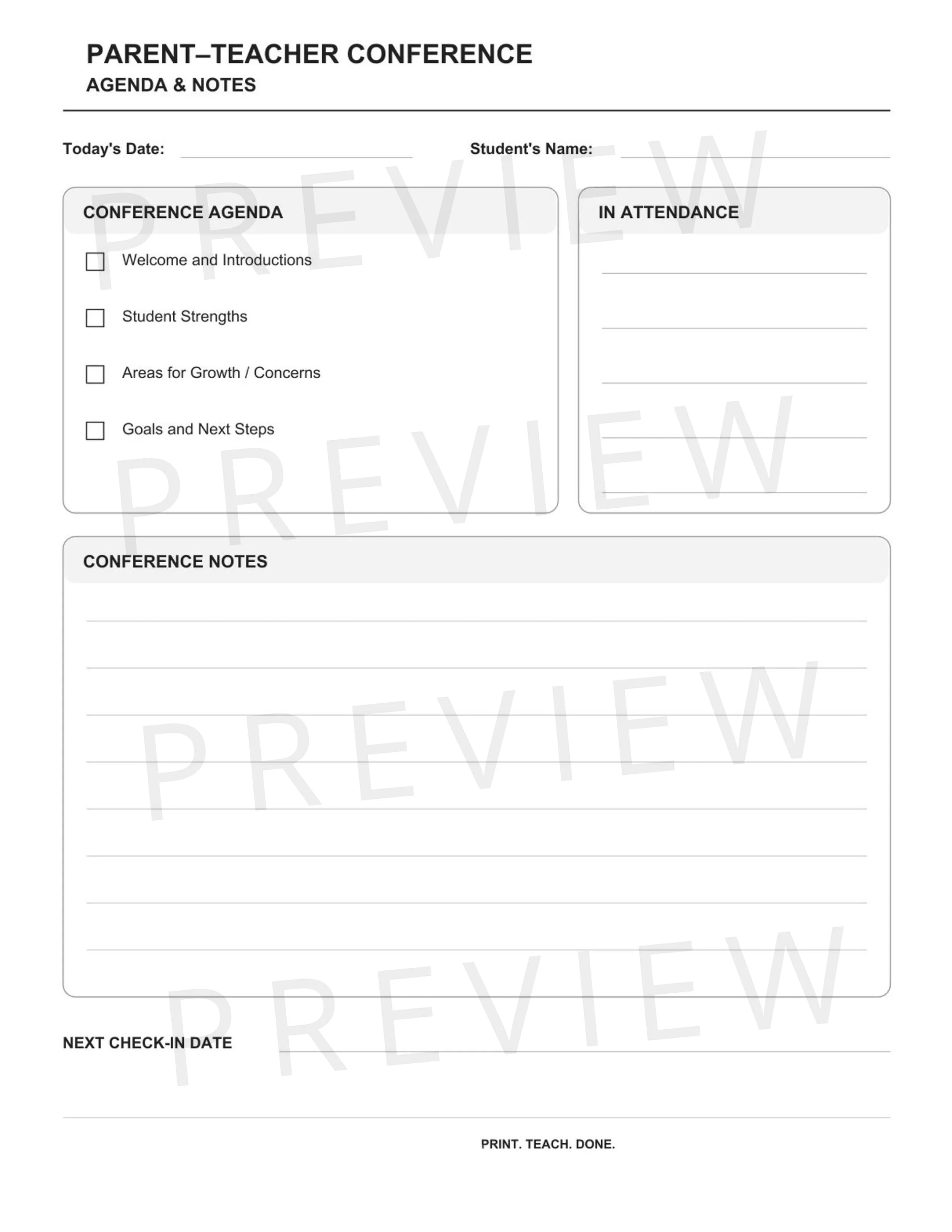 Parent-Teacher Conference Agenda & Notes | Planning Template