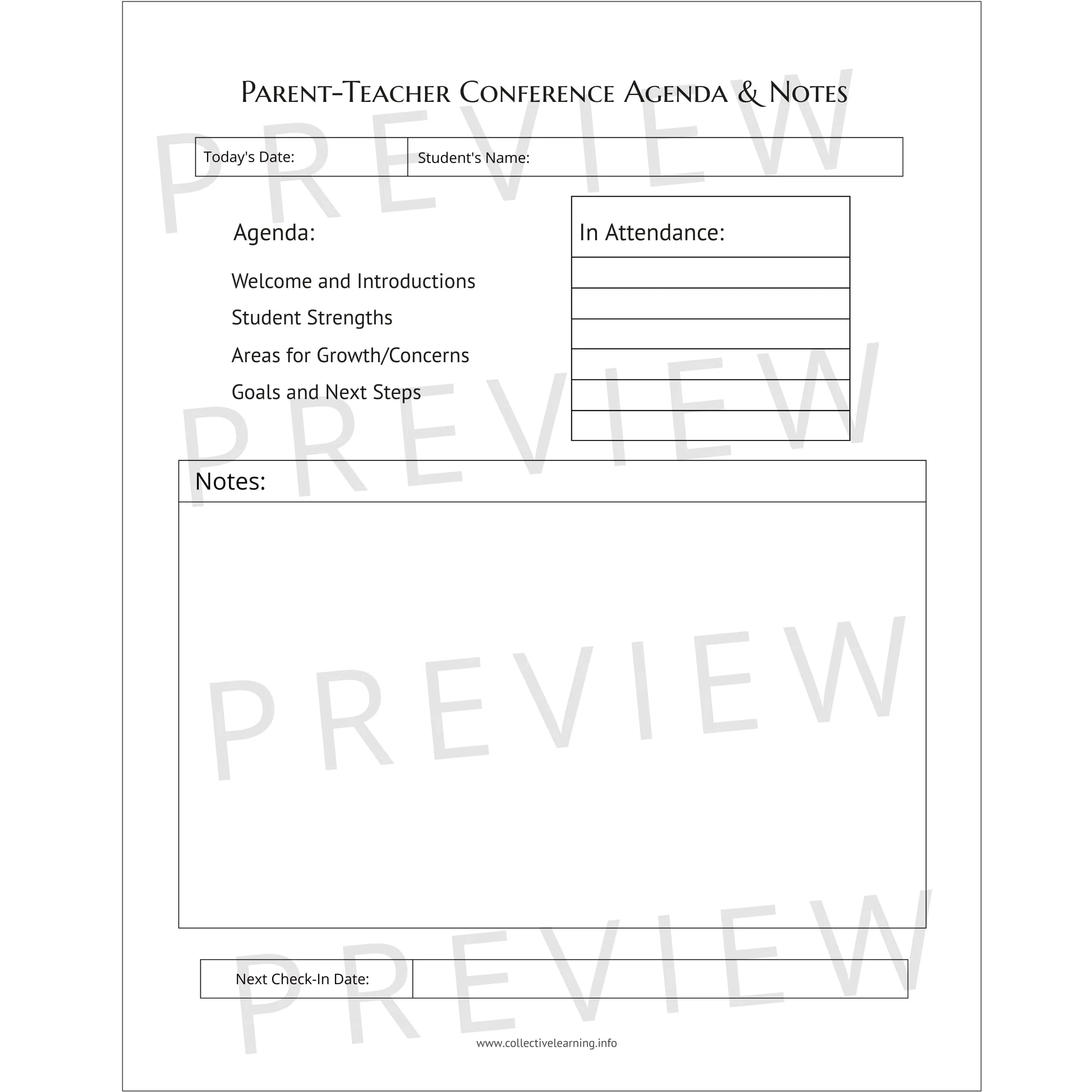 Parent-Teacher Conference Agenda & Notes | Conference Planning Template