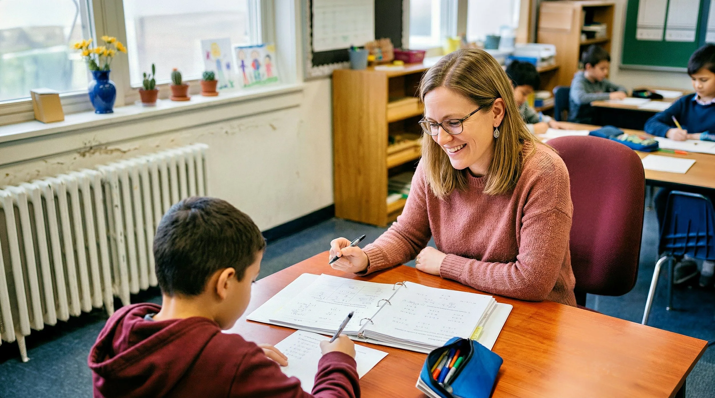 A teacher supporting a student working on his notebook portfolio during a collaborative classroom learning activity.