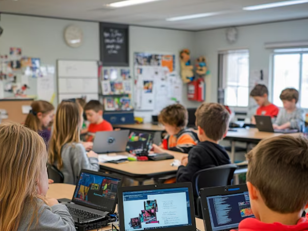 Students learning together in a classroom, some using laptops while others work collaboratively, representing a blended learning environment.